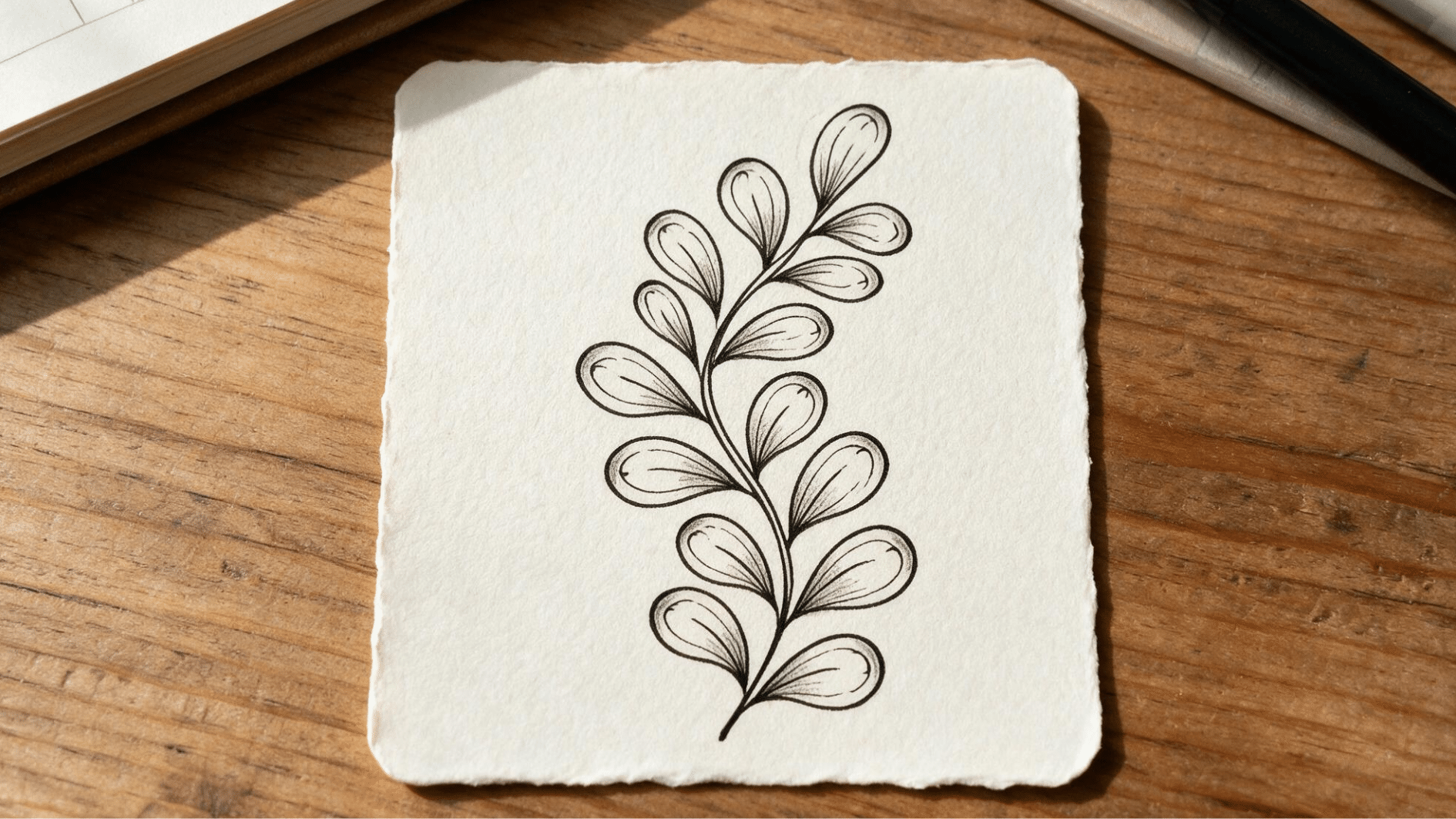 pokeroot zentangle pattern with curved stems, oval leaves, and soft shading across white textured paper