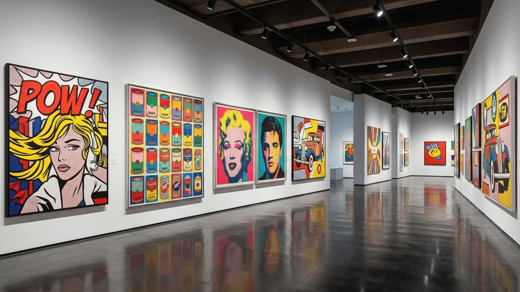 vibrant pop art gallery with colorful paintings inspired by comics advertisements