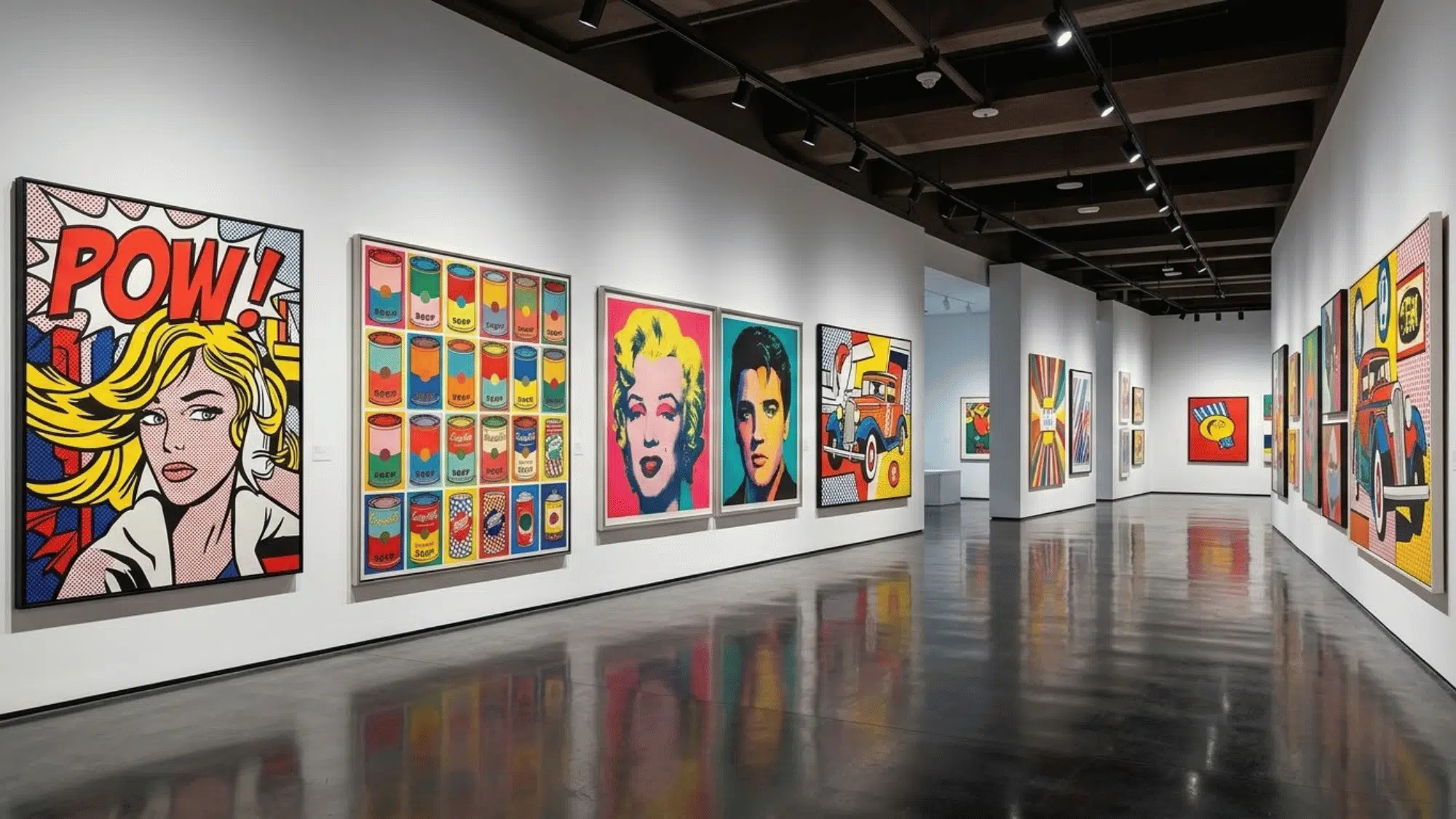 vibrant pop art gallery with colorful paintings inspired by comics advertisements