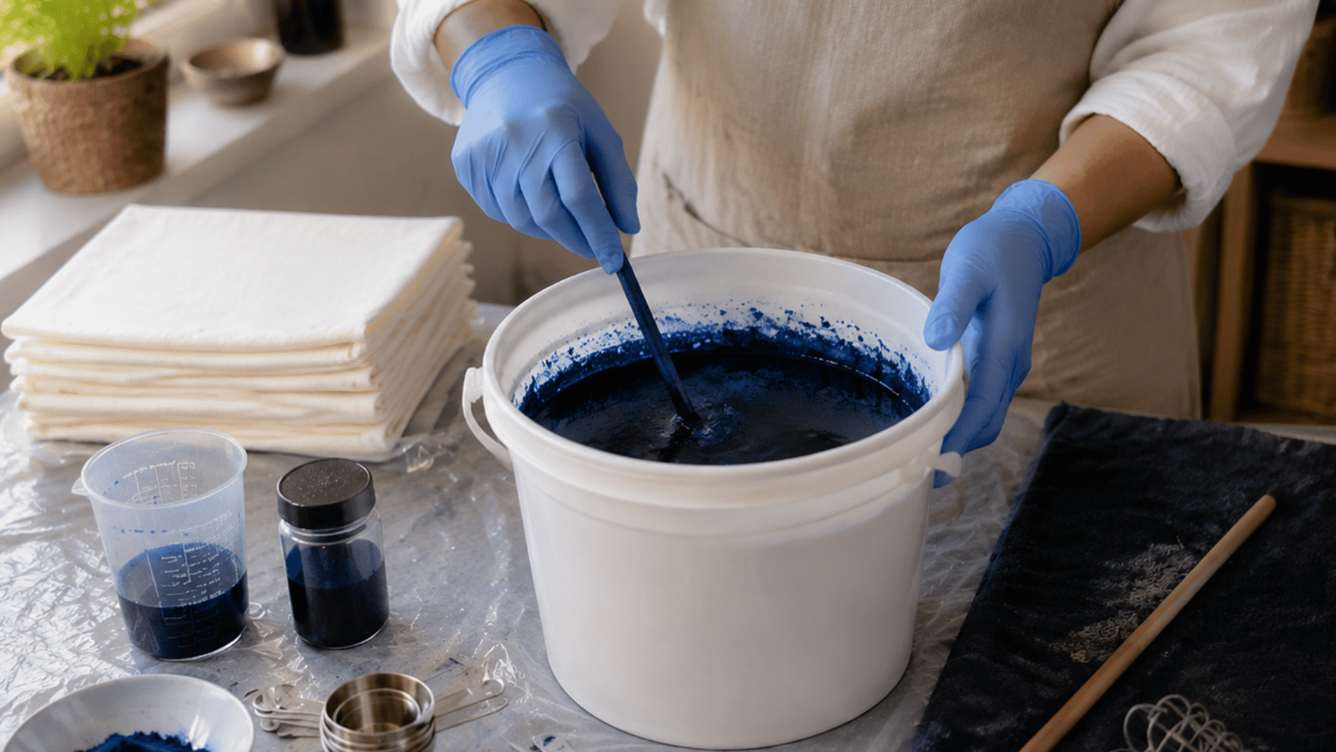 gloved hands mixing indigo dye bath with fabric supplies in a home crafting workspace