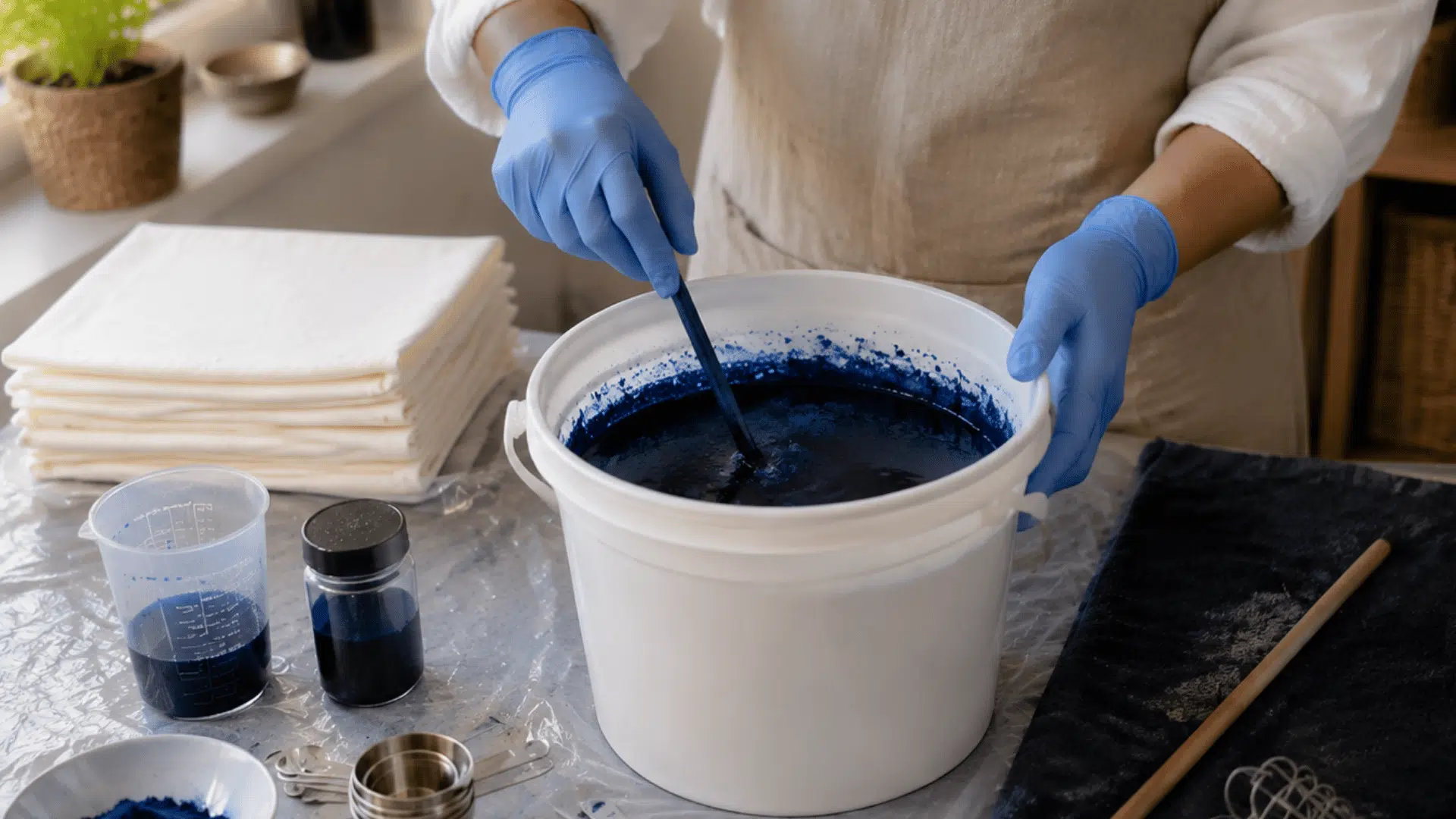 gloved hands mixing indigo dye bath with fabric supplies in a home crafting workspace
