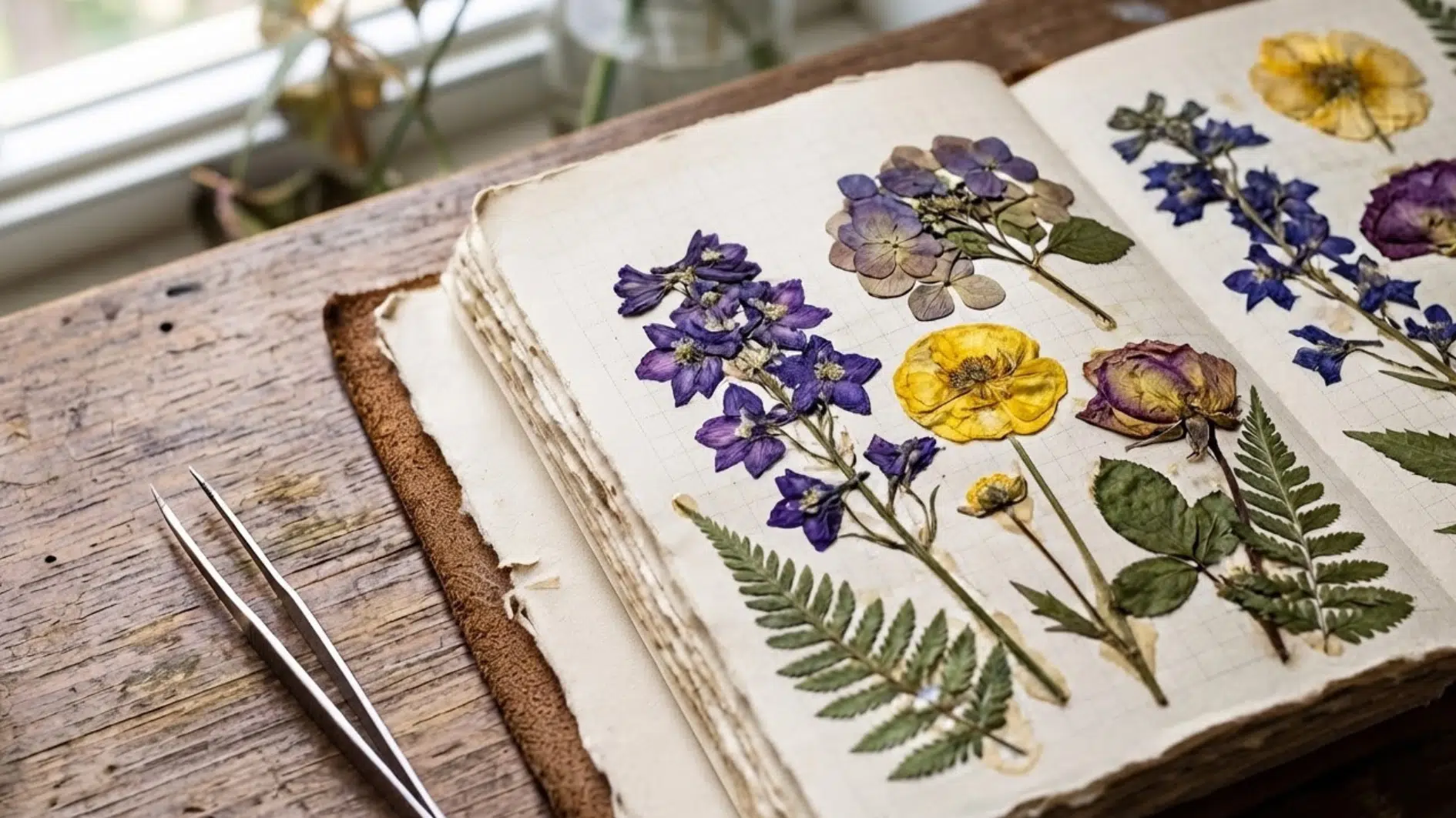 pressed flowers arranged in an open journal