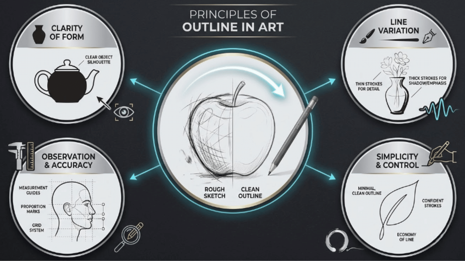 principles of art infographic showing balance, contrast, emphasis, movement, pattern, rhythm, unity, and proportion elements