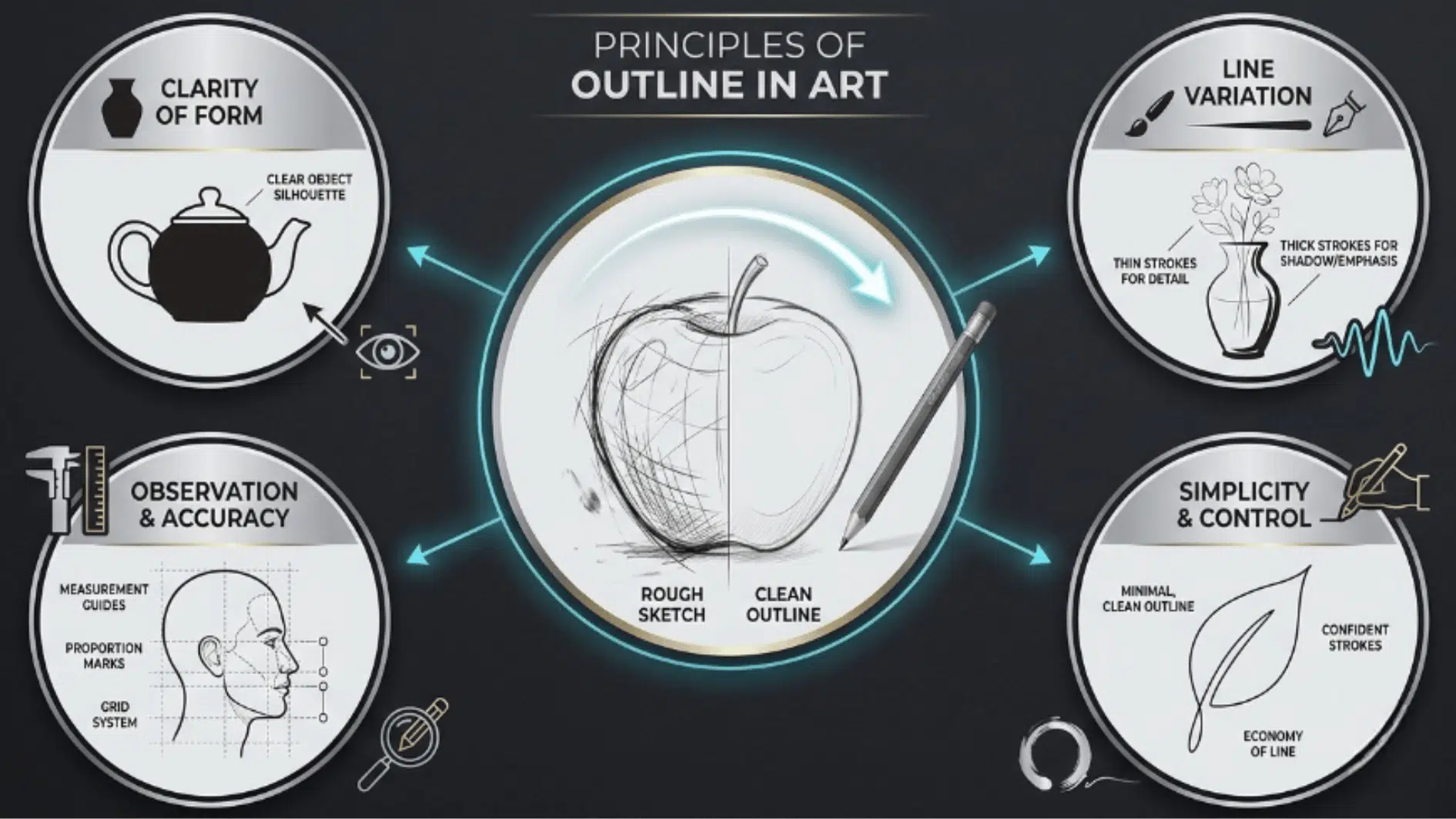 principles of art infographic showing balance, contrast, emphasis, movement, pattern, rhythm, unity, and proportion elements