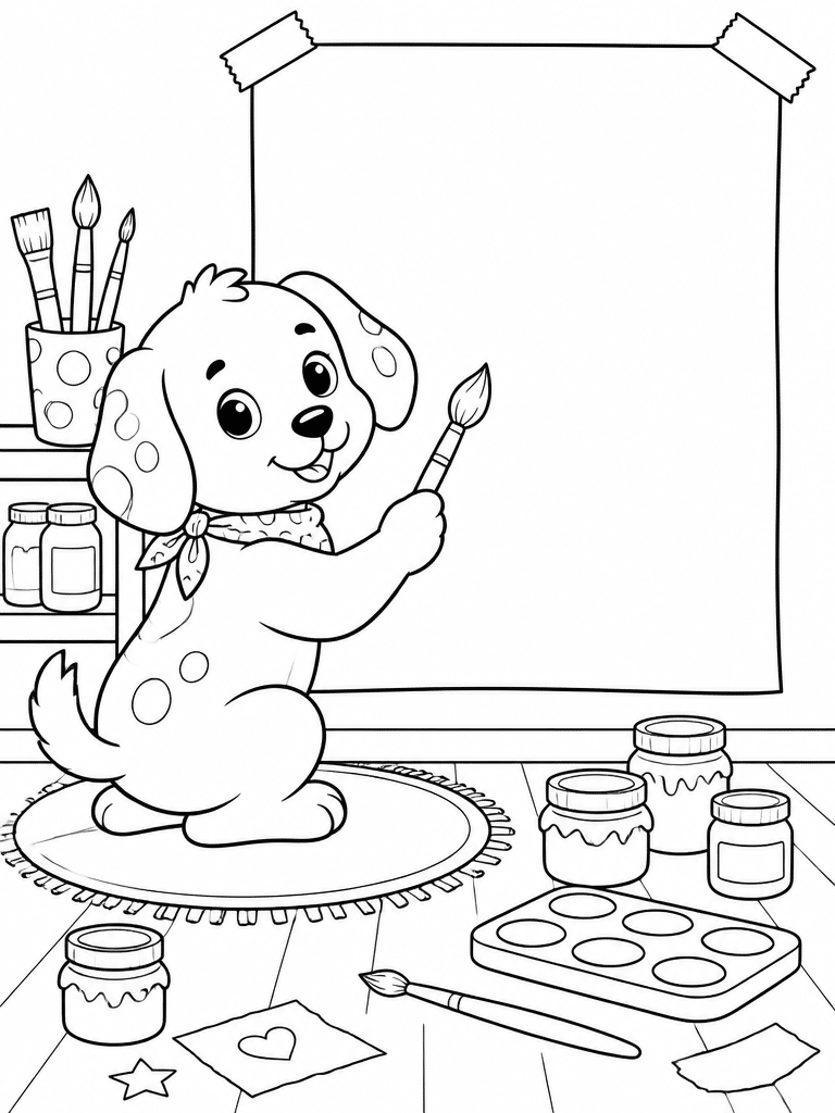 Puppy painting a blank classroom poster with brushes, paint jars, paper scraps, and art supplies.