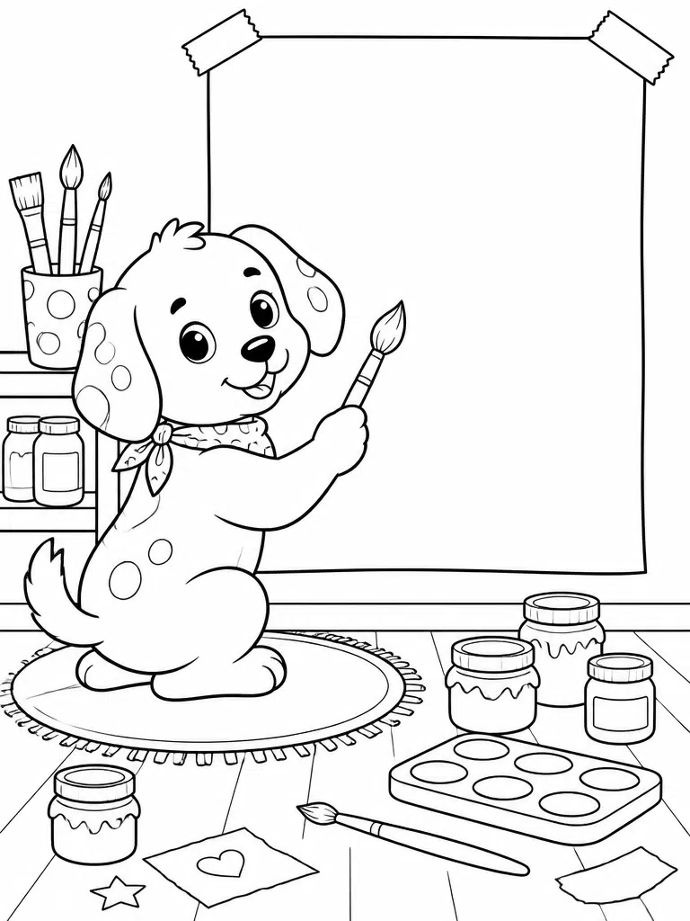 Puppy painting a blank classroom poster with brushes, paint jars, paper scraps, and art supplies.