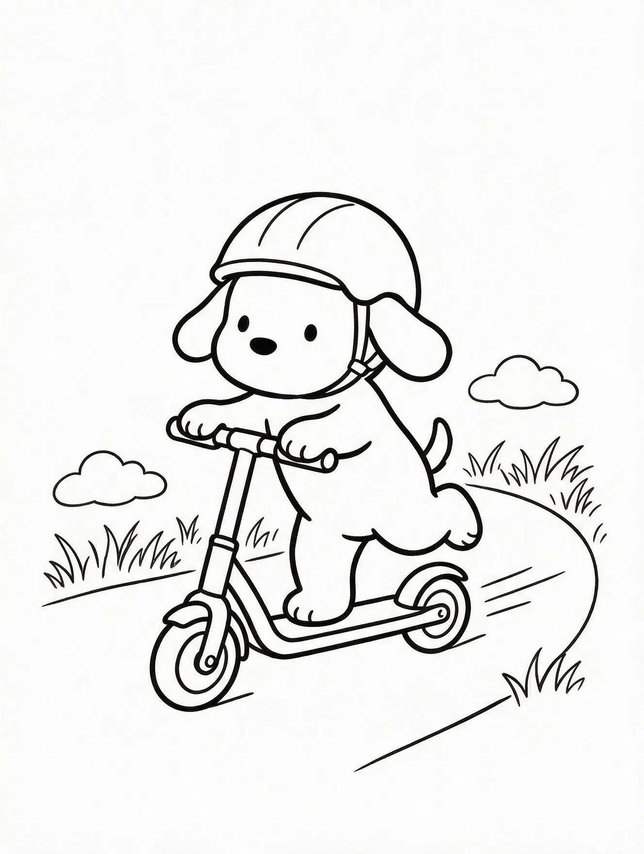 helmeted puppy riding a scooter along a curved park path