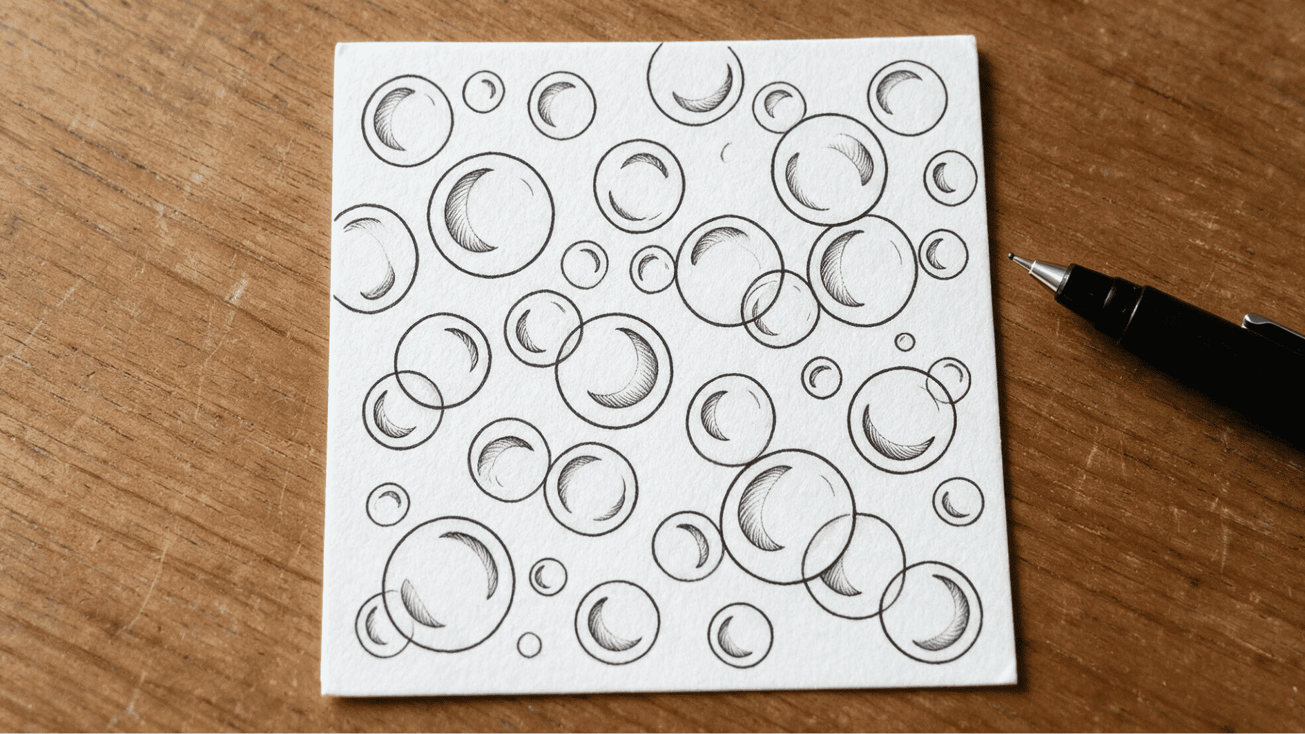 purk zentangle pattern with overlapping bubble shapes and crescent shading across white textured pape