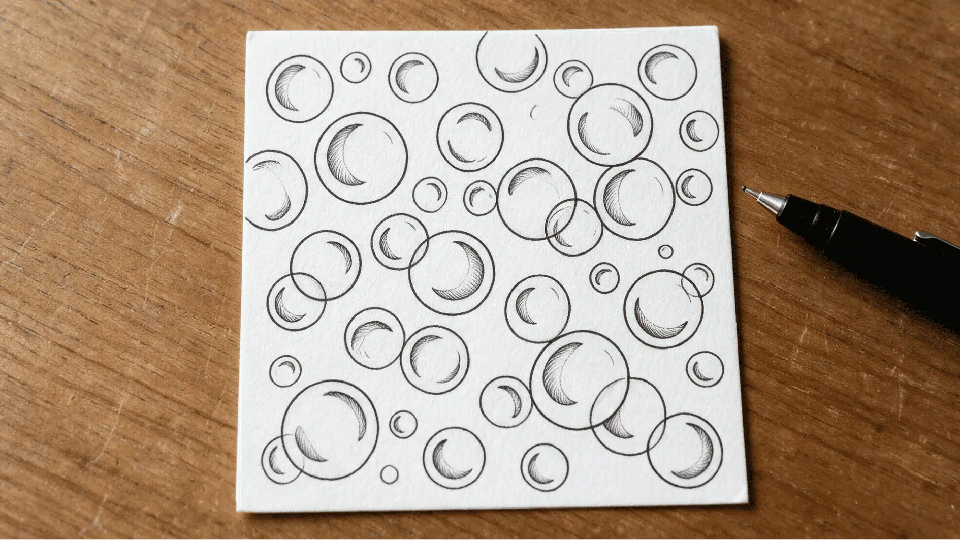 purk zentangle pattern with overlapping bubble shapes and crescent shading across white textured pape
