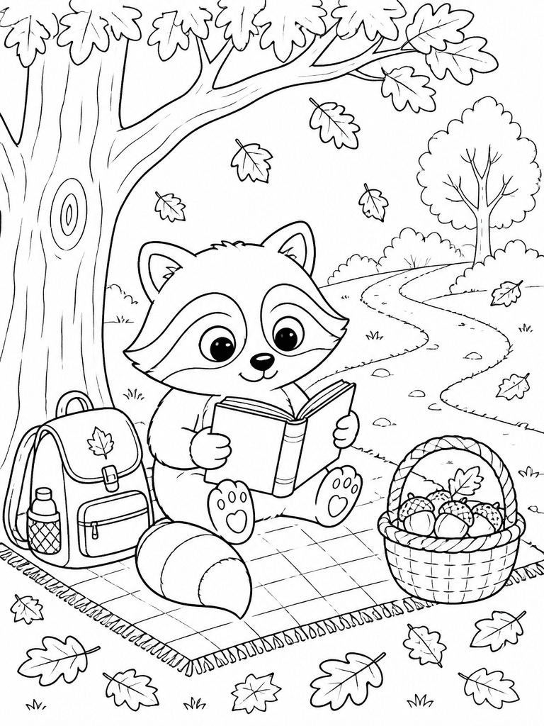 Raccoon reading beneath an autumn tree with falling leaves, backpack, blanket, and acorn basket.