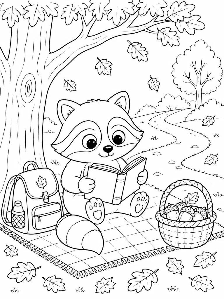Raccoon reading beneath an autumn tree with falling leaves, backpack, blanket, and acorn basket.