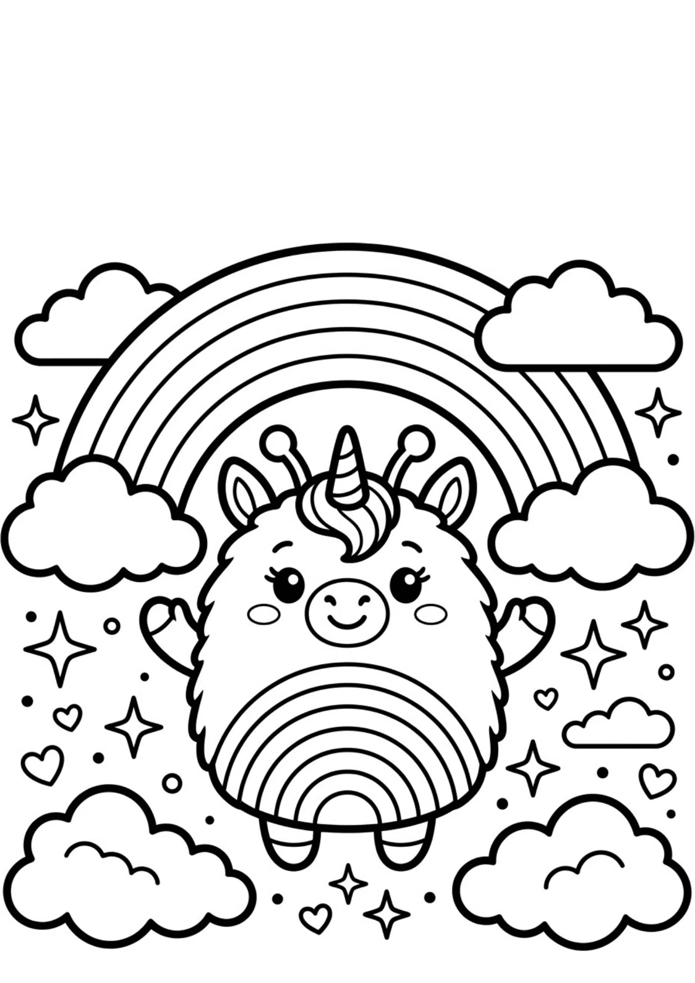 rainbow squishmallow coloring sheet with cheerful sky theme and printable black and white coloring activity for children