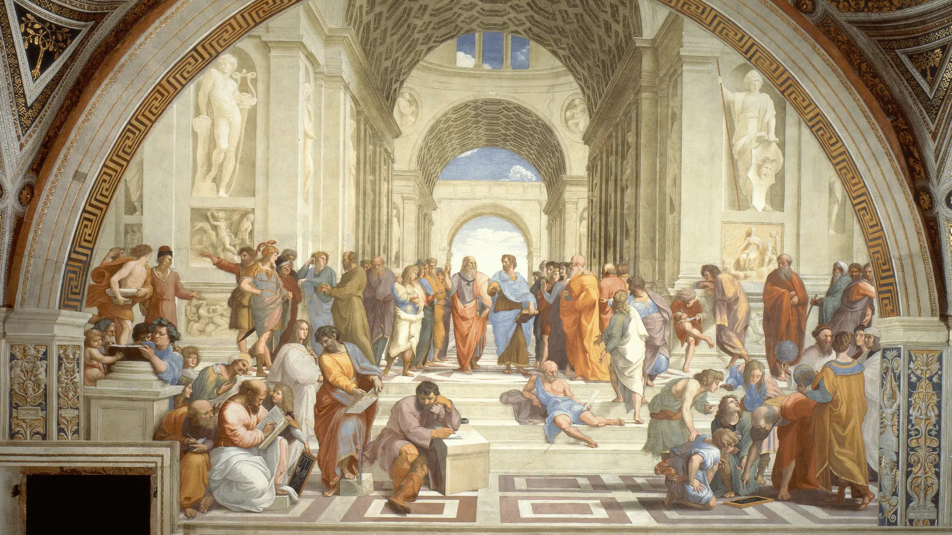 Raphael's School of Athens showing harmony through repeated arches and a warm stone color palette unifying dozens of figures.