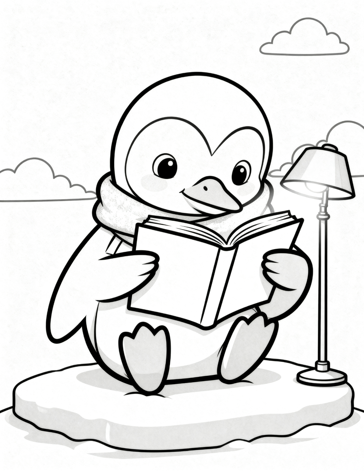 penguin reading book under lamp quiet study coloring page outline