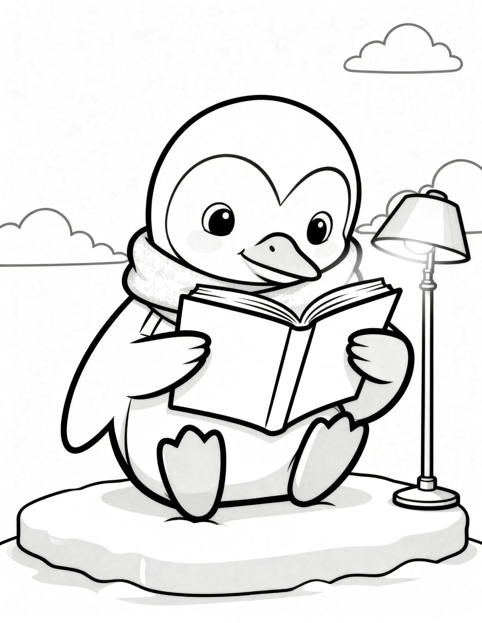 penguin reading book under lamp quiet study coloring page outline