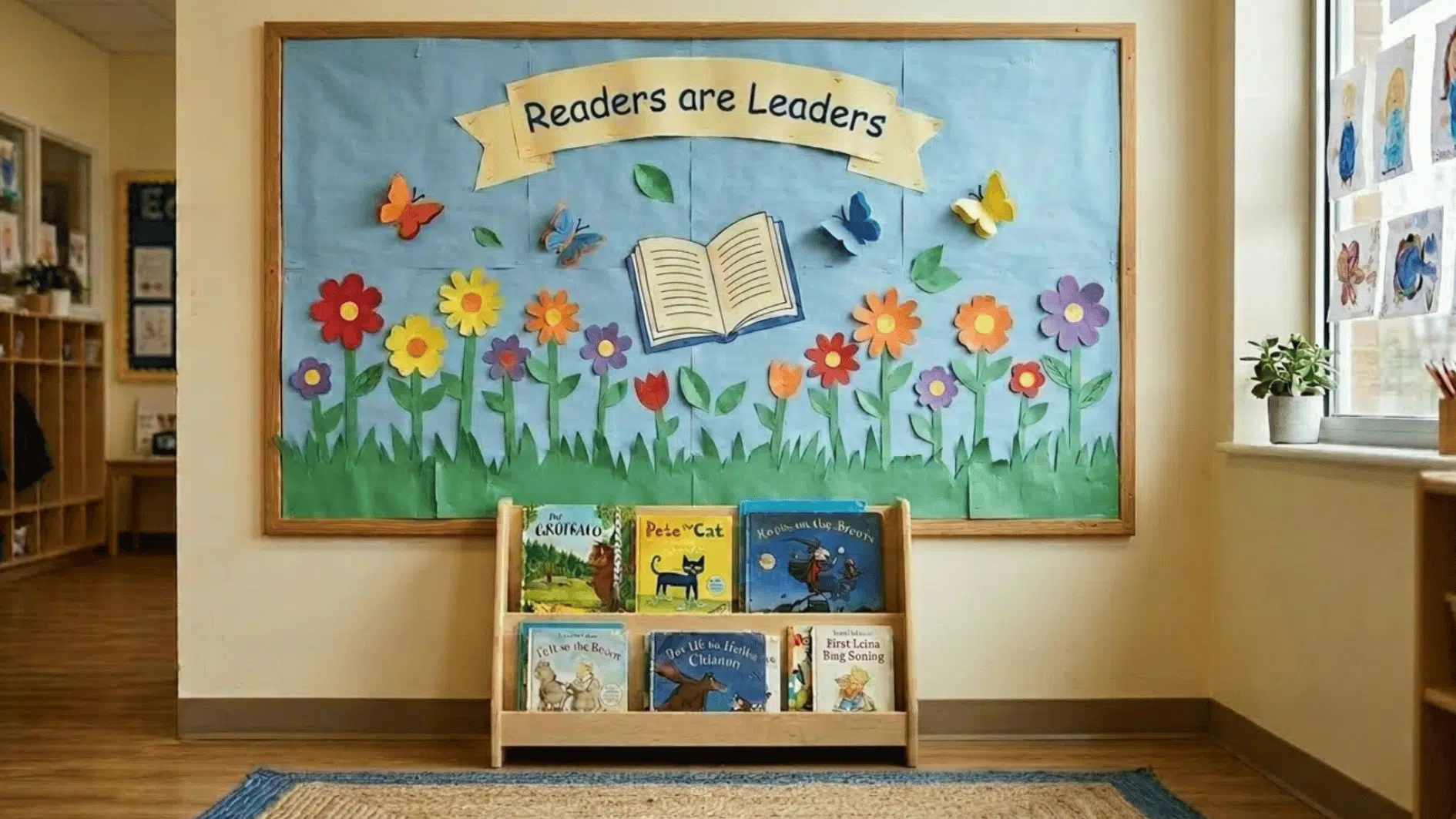 readers are leaders bulletin board with paper flowers, butterflies, and an open book above a classroom bookshelf