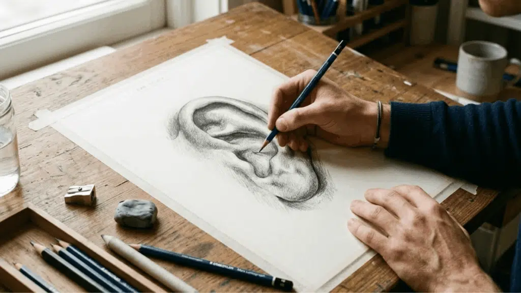 a detailed ear drawing on a sketchbook page with soft shading and clean linework, surrounded by drawing tools