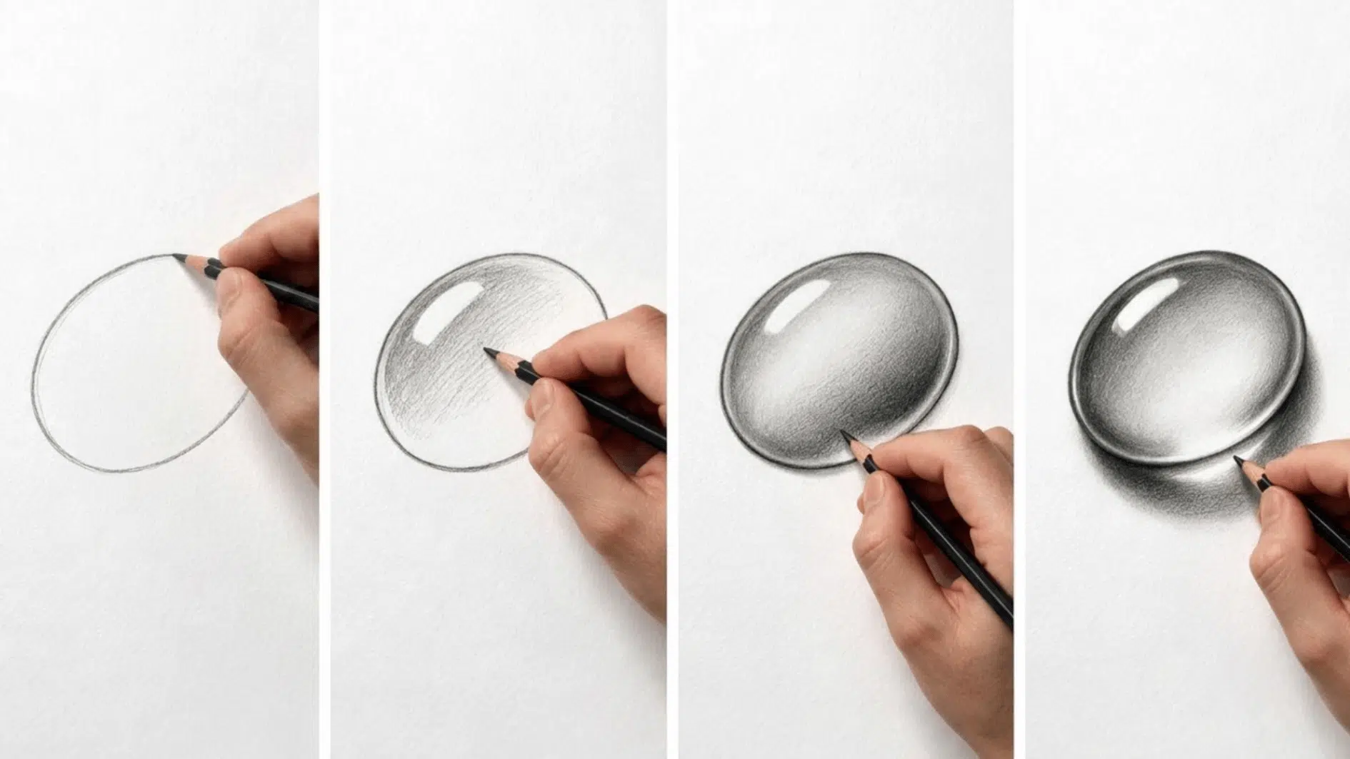 hand drawing water droplets in four progressive graphite sketching steps