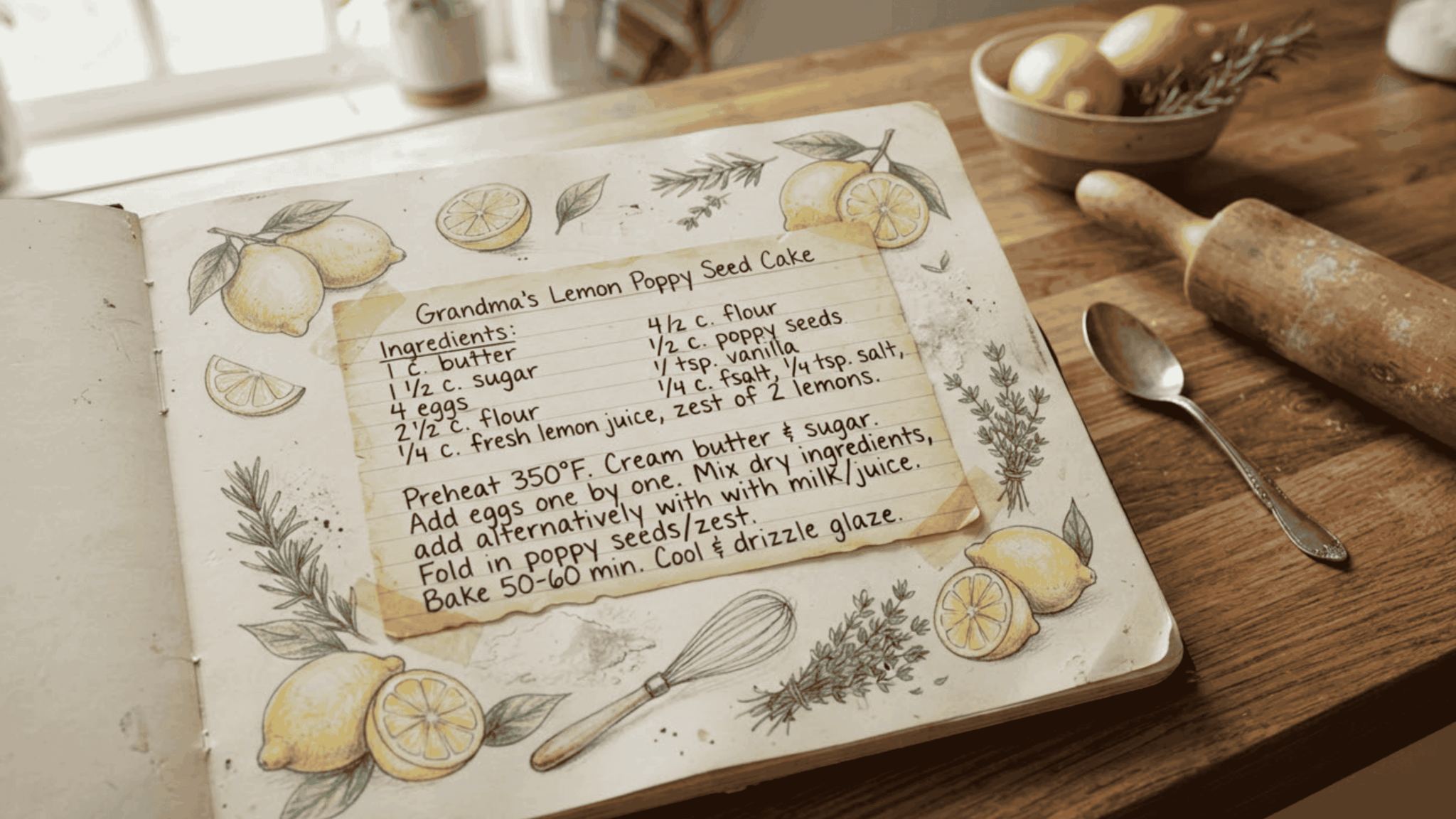 recipe collage journal with a handwritten lemon cake recipe and ingredient sketches