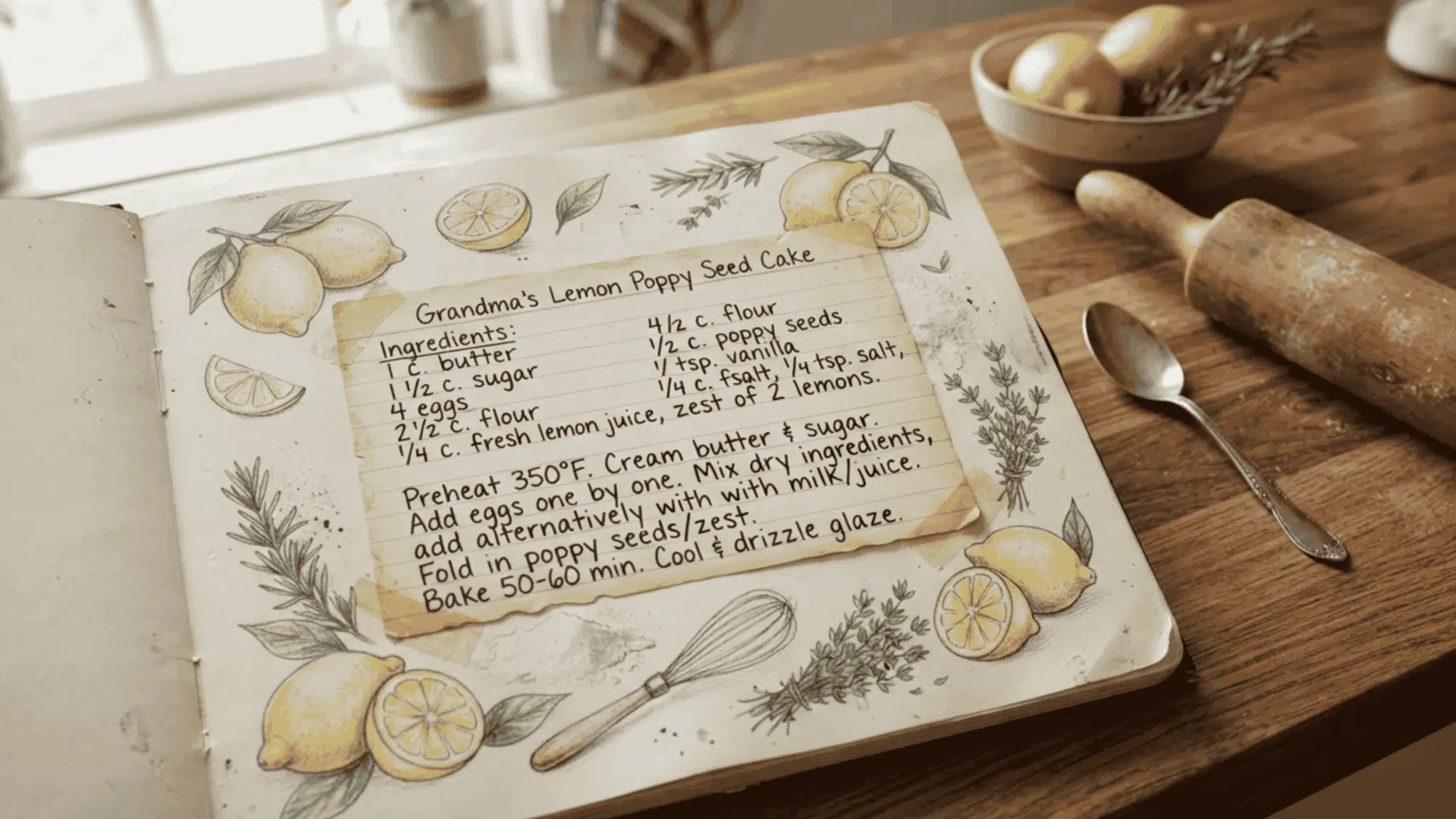 recipe collage journal with a handwritten lemon cake recipe and ingredient sketches