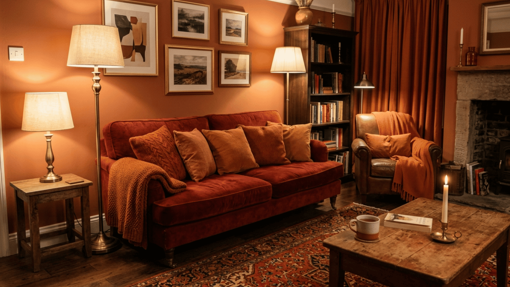 cozy living room with red sofa fireplace lamps framed art warm orange lighting