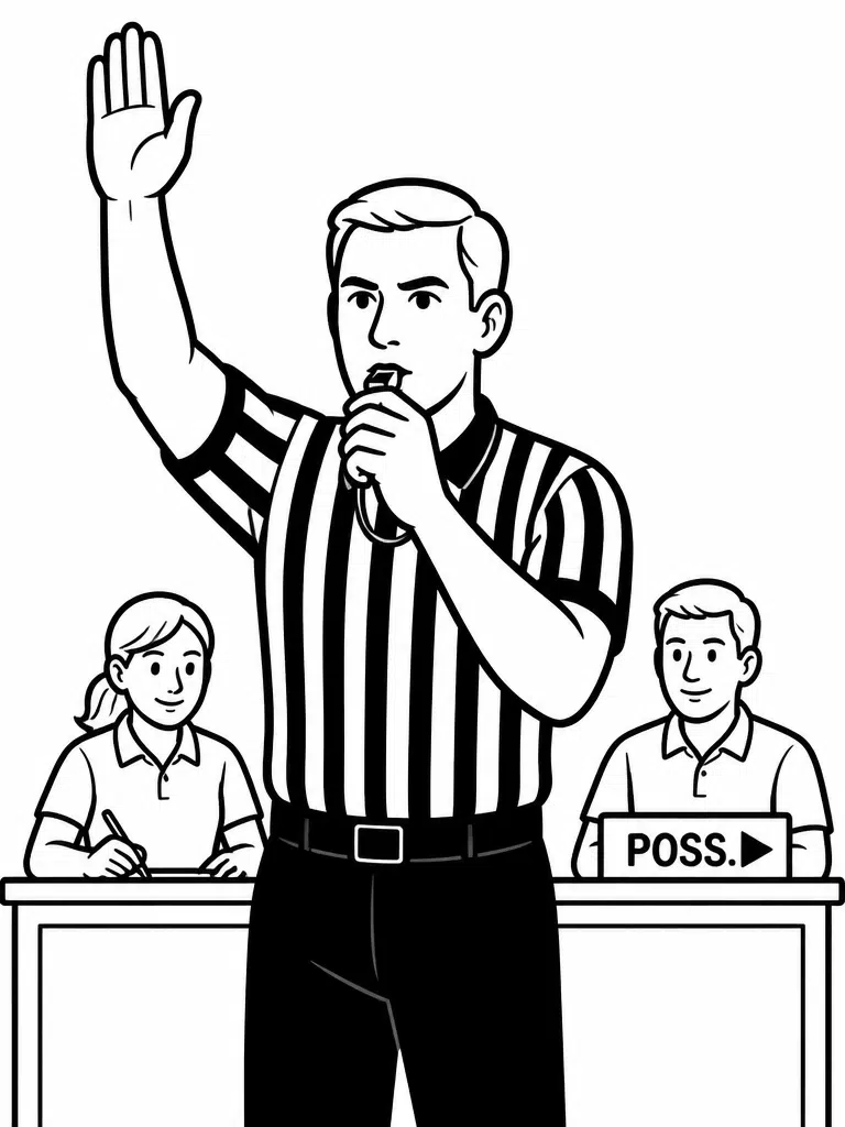 Basketball referee coloring page blowing a whistle in a striped shirt