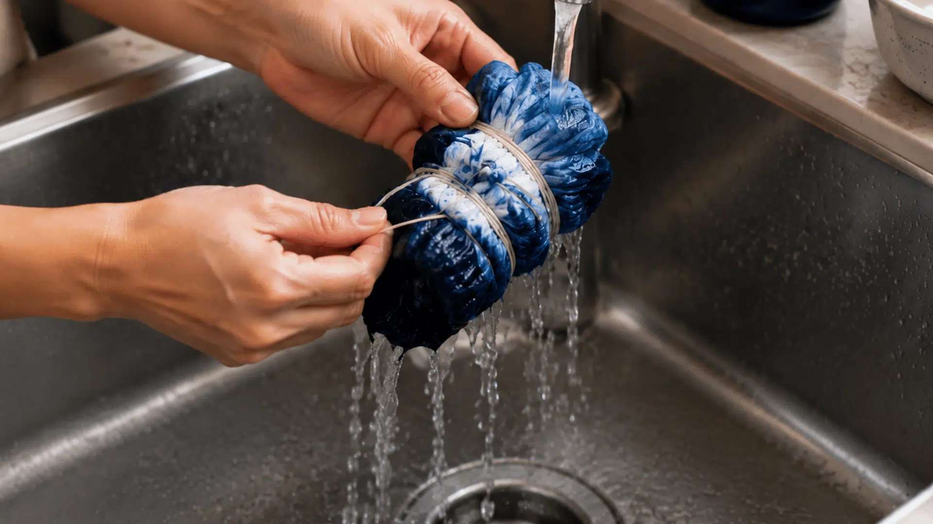 hands rinsing tied shibori fabric under water while revealing blue and white patterns