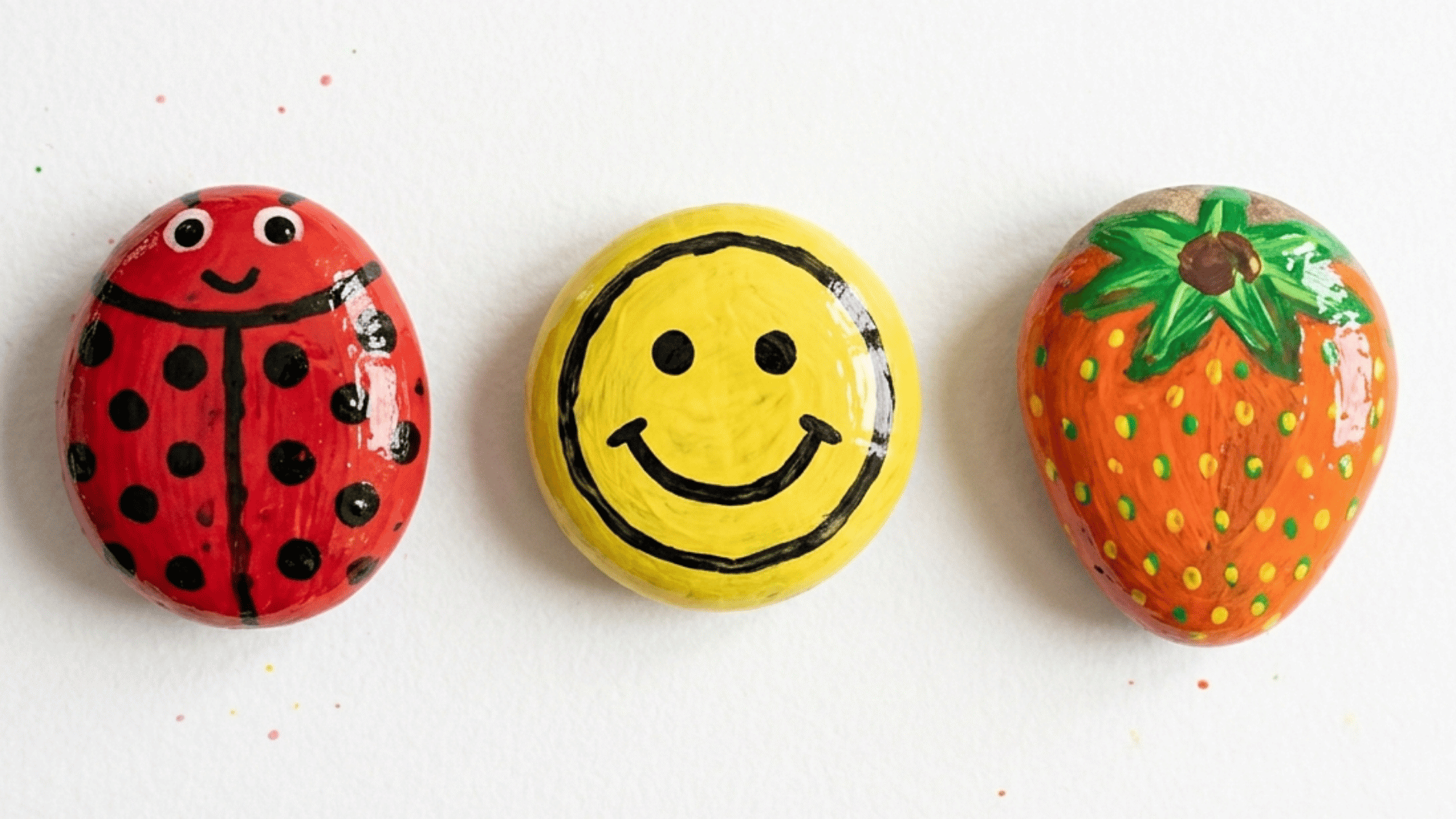 painted rocks shaped like a ladybug smiley face and strawberry on white background