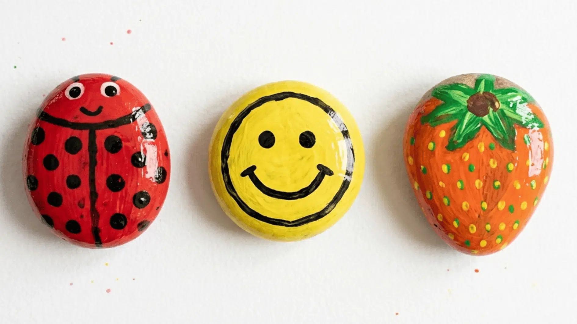 painted rocks shaped like a ladybug smiley face and strawberry on white background