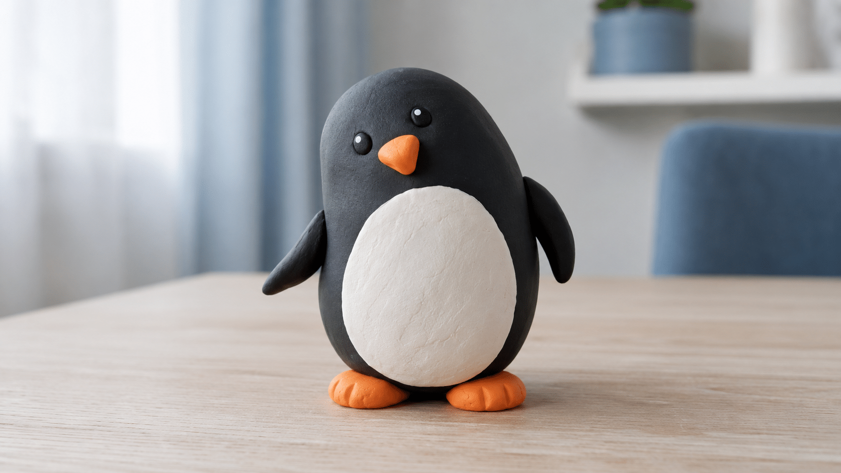 round clay penguin with tiny wings and orange feet