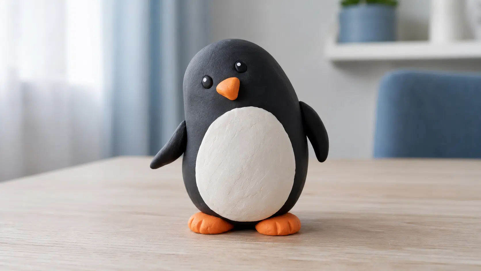 round clay penguin with tiny wings and orange feet