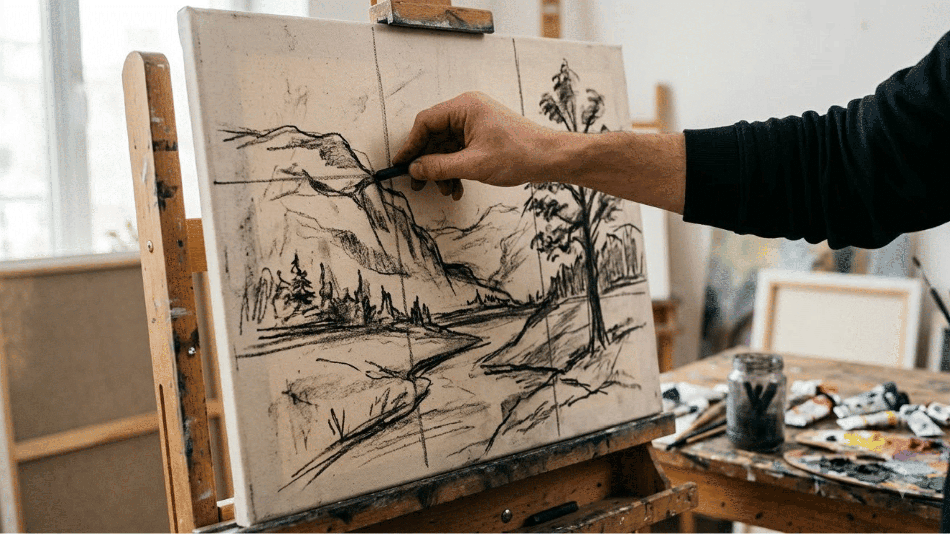 an artist drawing a landscape using rule of third in art