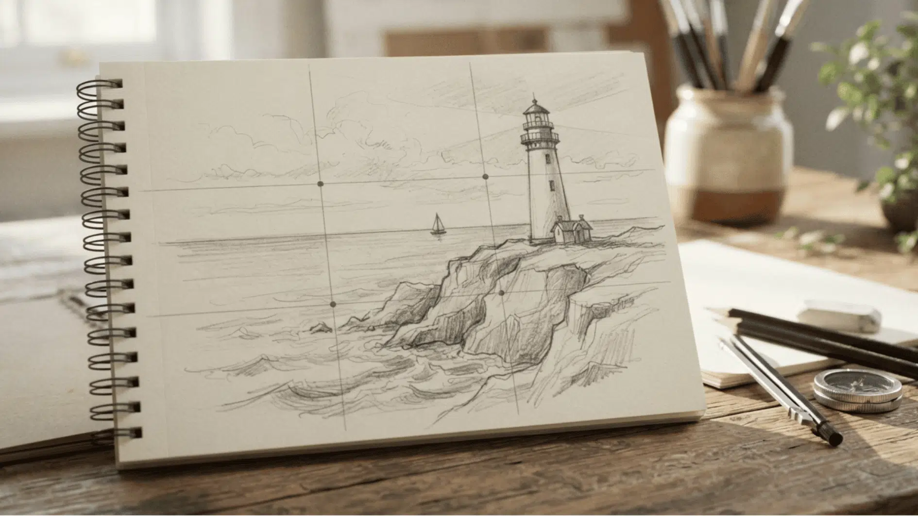 sketchbook showing the rule of thirds in art with a lighthouse composition placed along grid lines