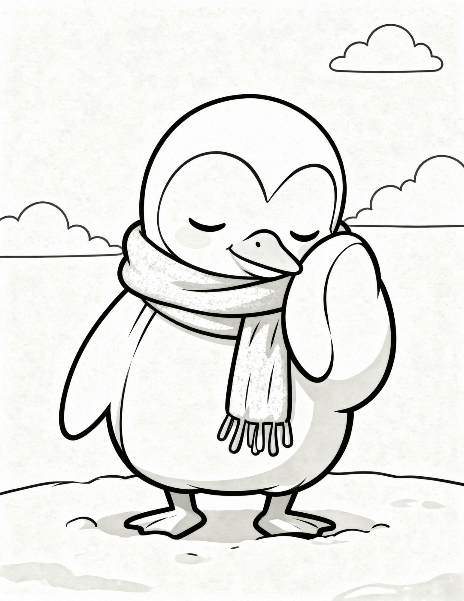 shy penguin wearing winter scarf cute cozy coloring page outline