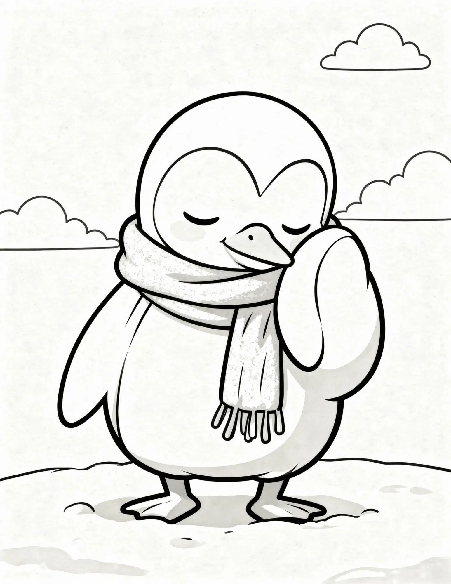 shy penguin wearing winter scarf cute cozy coloring page outline