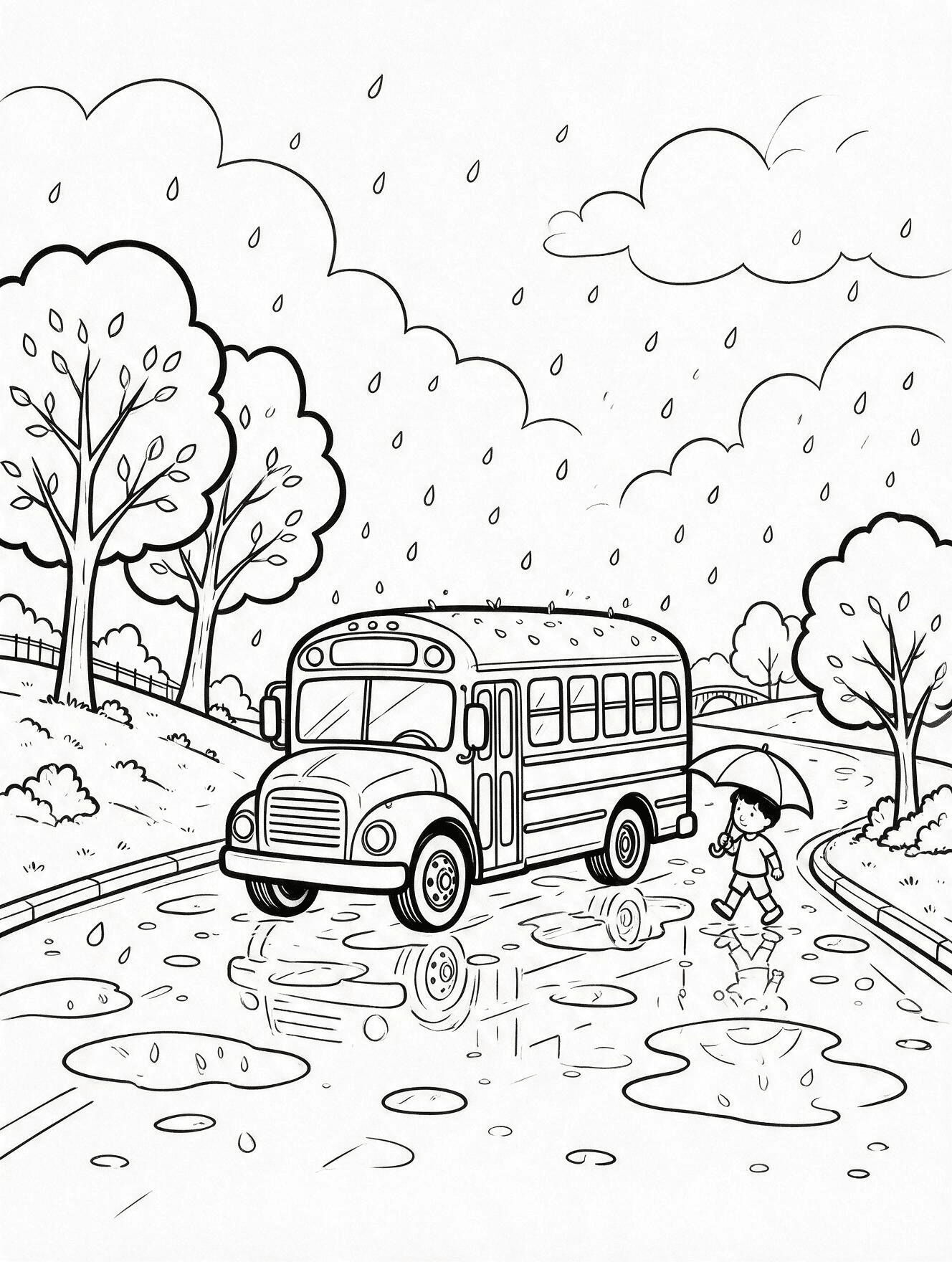 School bus traveling through rain with clouds, puddles, umbrella, and roadside trees to color.