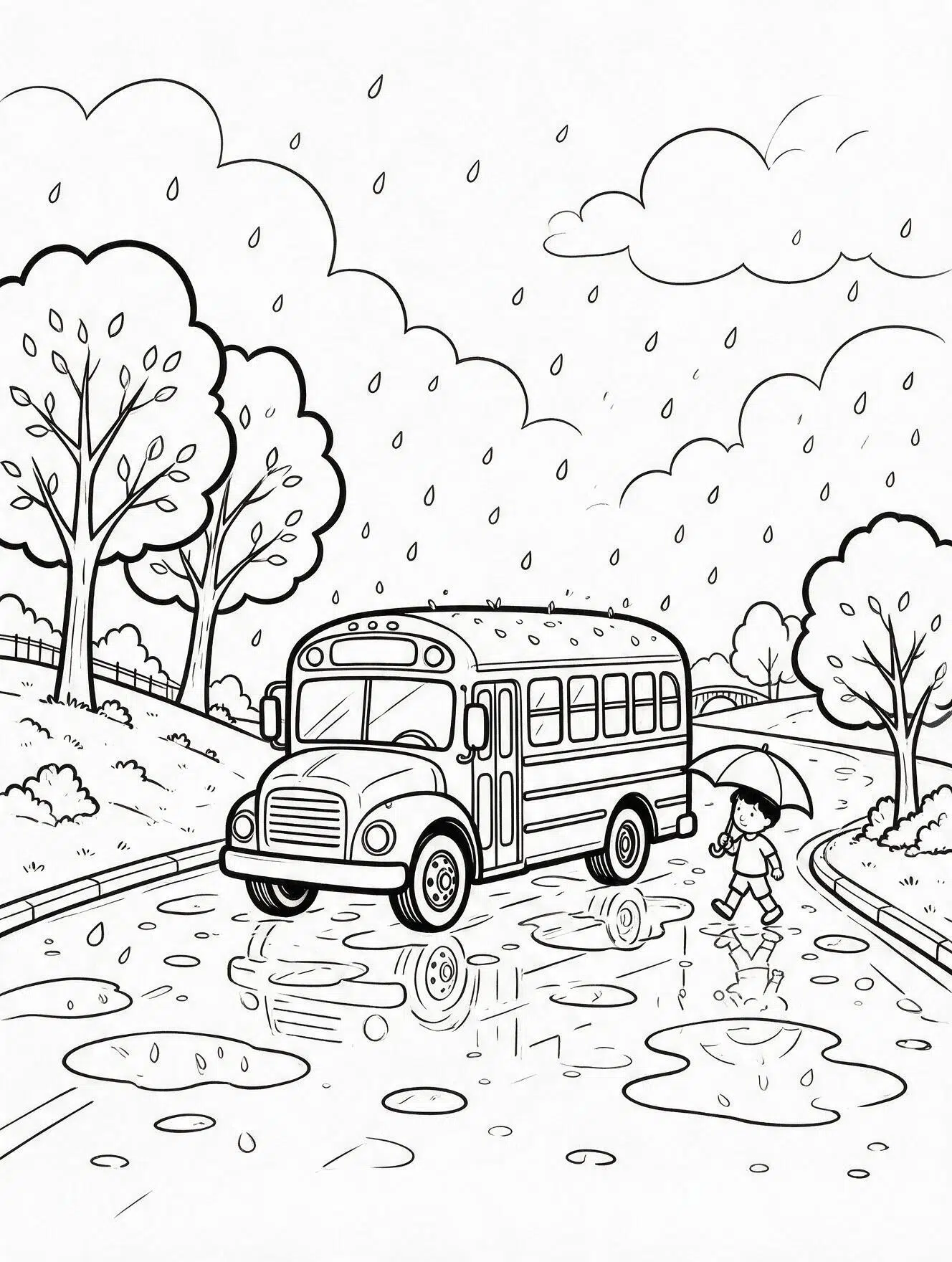 School bus traveling through rain with clouds, puddles, umbrella, and roadside trees to color.