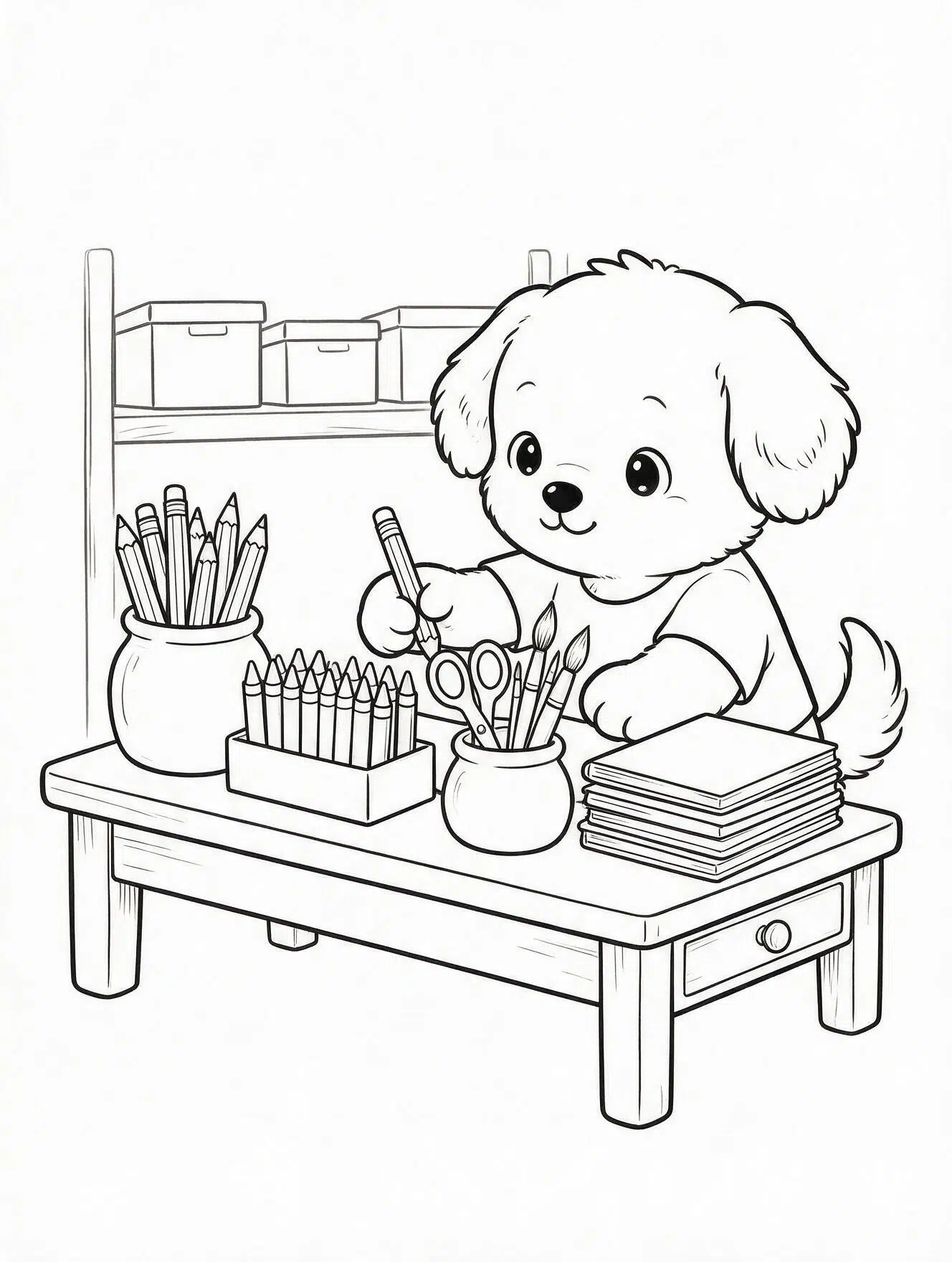 puppy sorting pencils crayons brushes and notebooks into containers