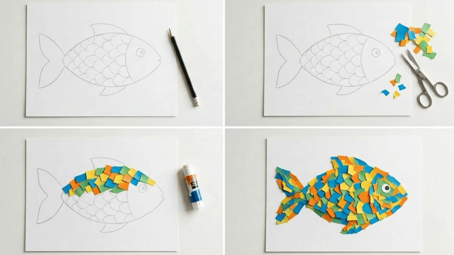 four step scrap paper mosaic collage showing pencil outline, cut paper scraps, scraps glued in rows, and finished textured mosaic fish
