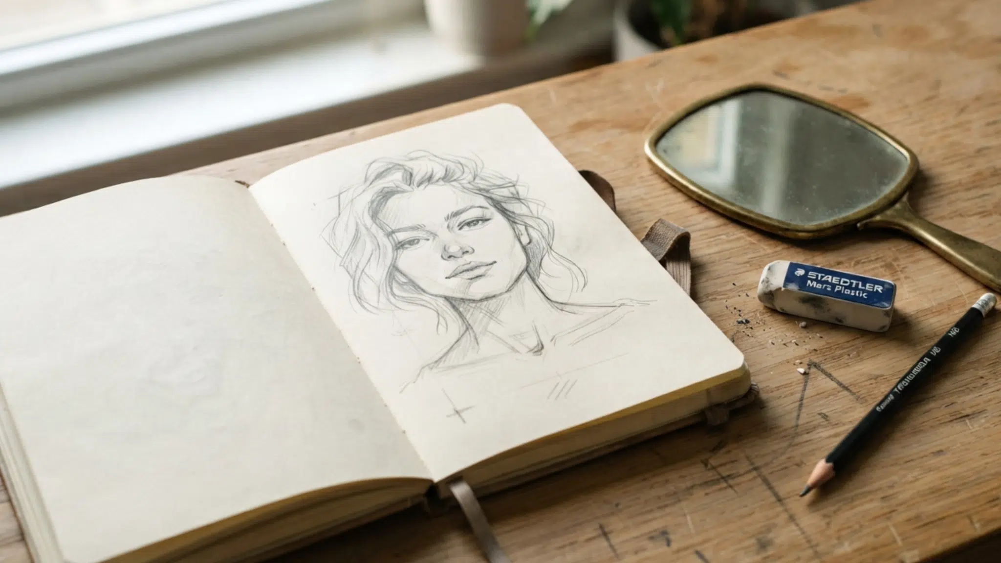 open sketchbook with a pencil self portrait beside a mirror and drawing tools