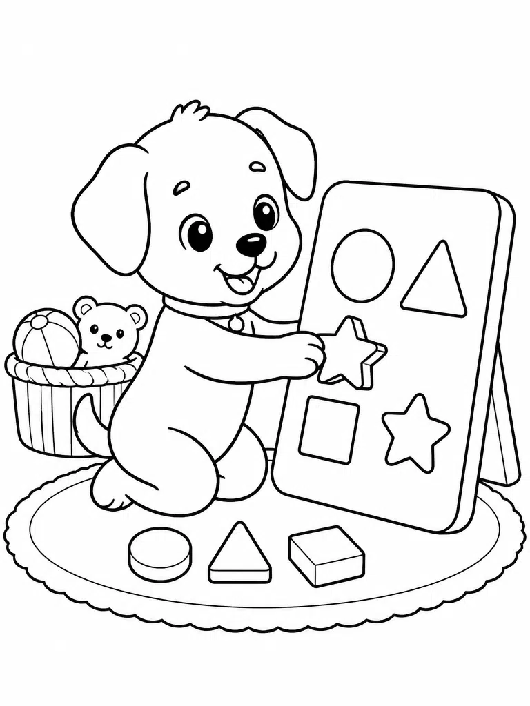 puppy matching geometric shapes on a simple playroom toy board