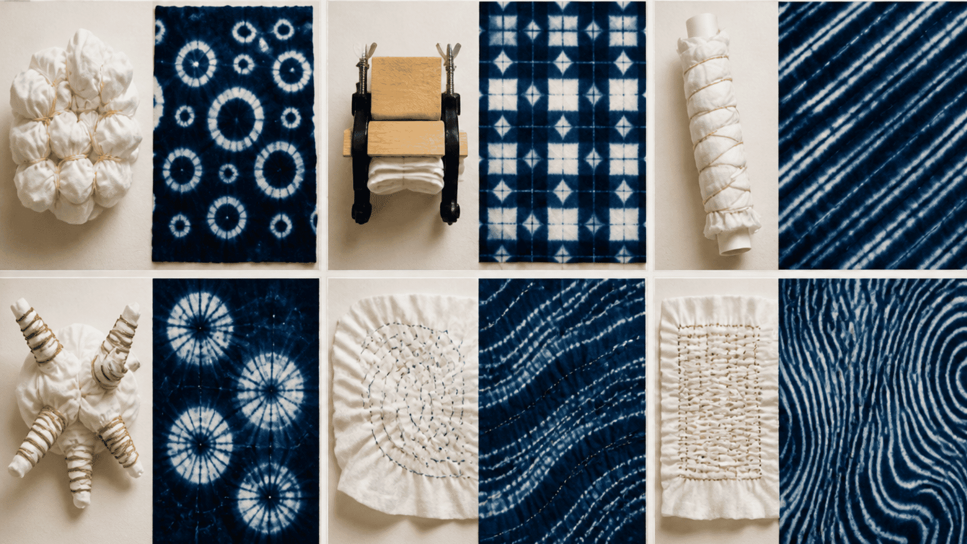 shibori tie dye patterns showing folded fabrics, indigo designs, clamps, and binding techniques in a craft collage