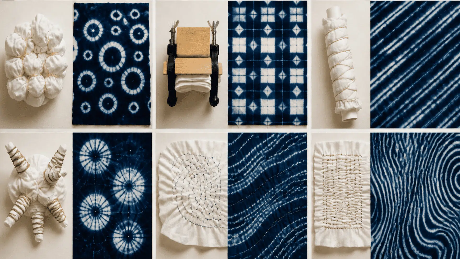 shibori tie dye patterns showing folded fabrics, indigo designs, clamps, and binding techniques in a craft collage