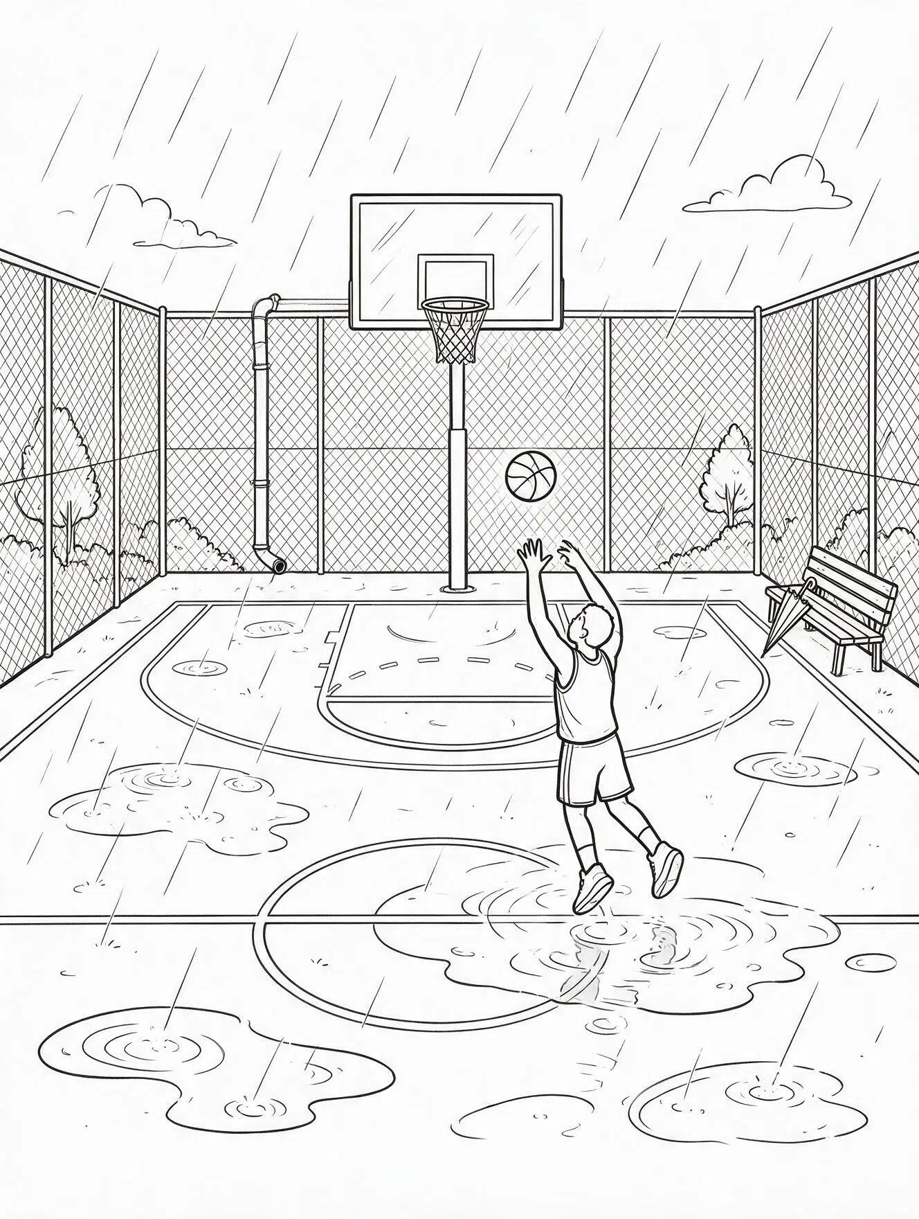 Rainy day <echighlighted>basketball coloring page</echighlighted> with a player shooting over puddles