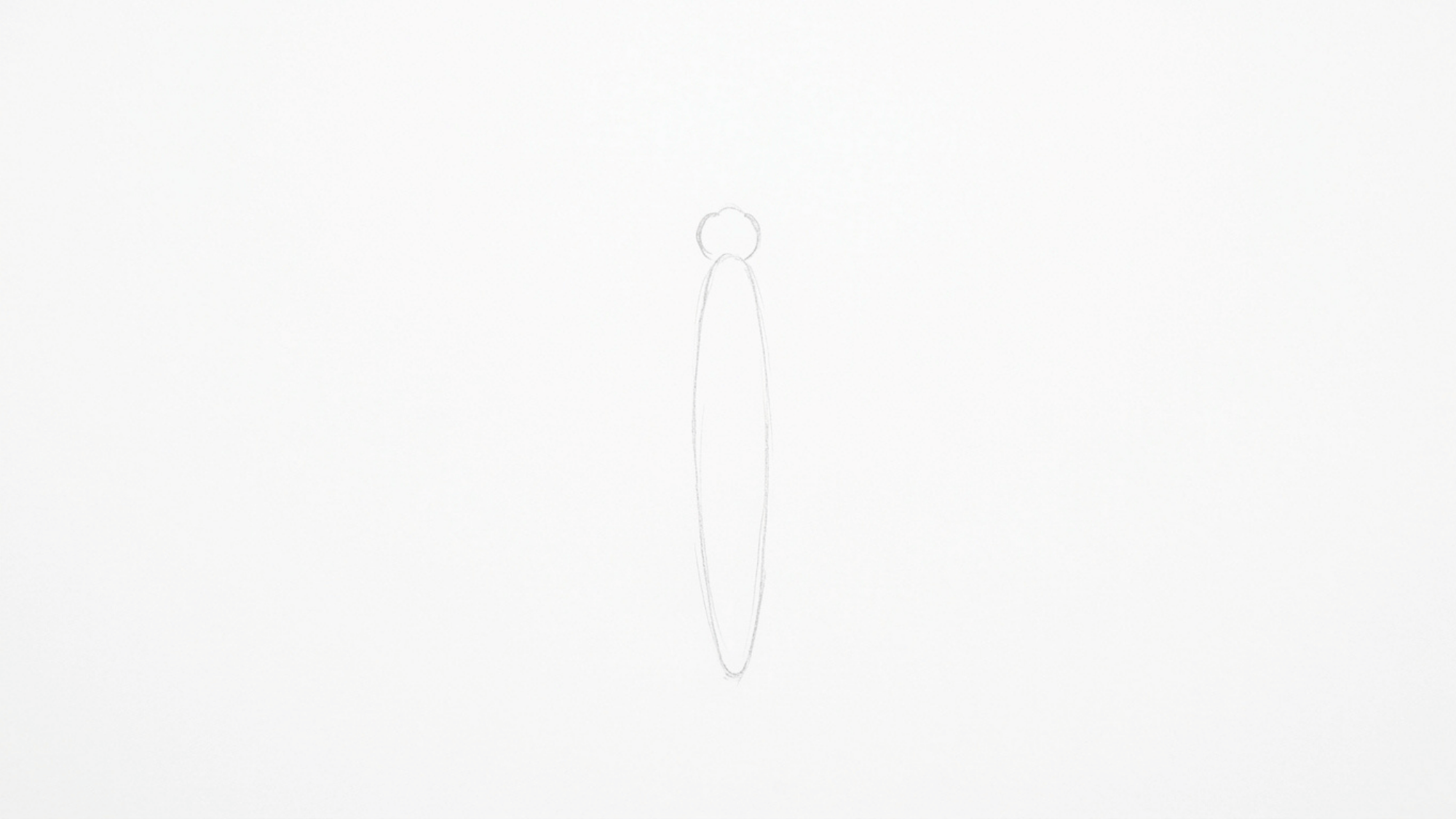 simple butterfly body sketch with a round head and vertical pencil outline on a plain white page