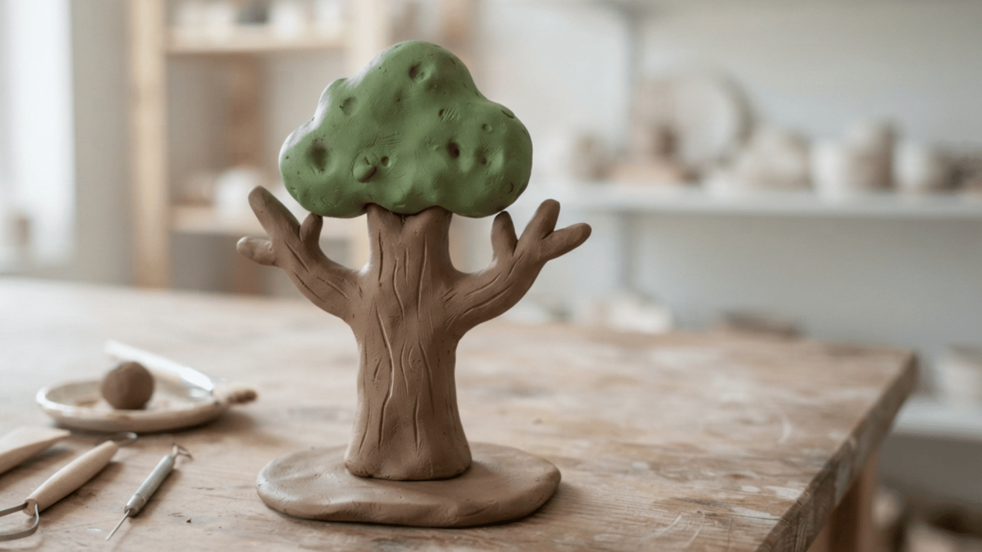 simple clay tree sculpture with textured trunk and green canopy on a craft workspace