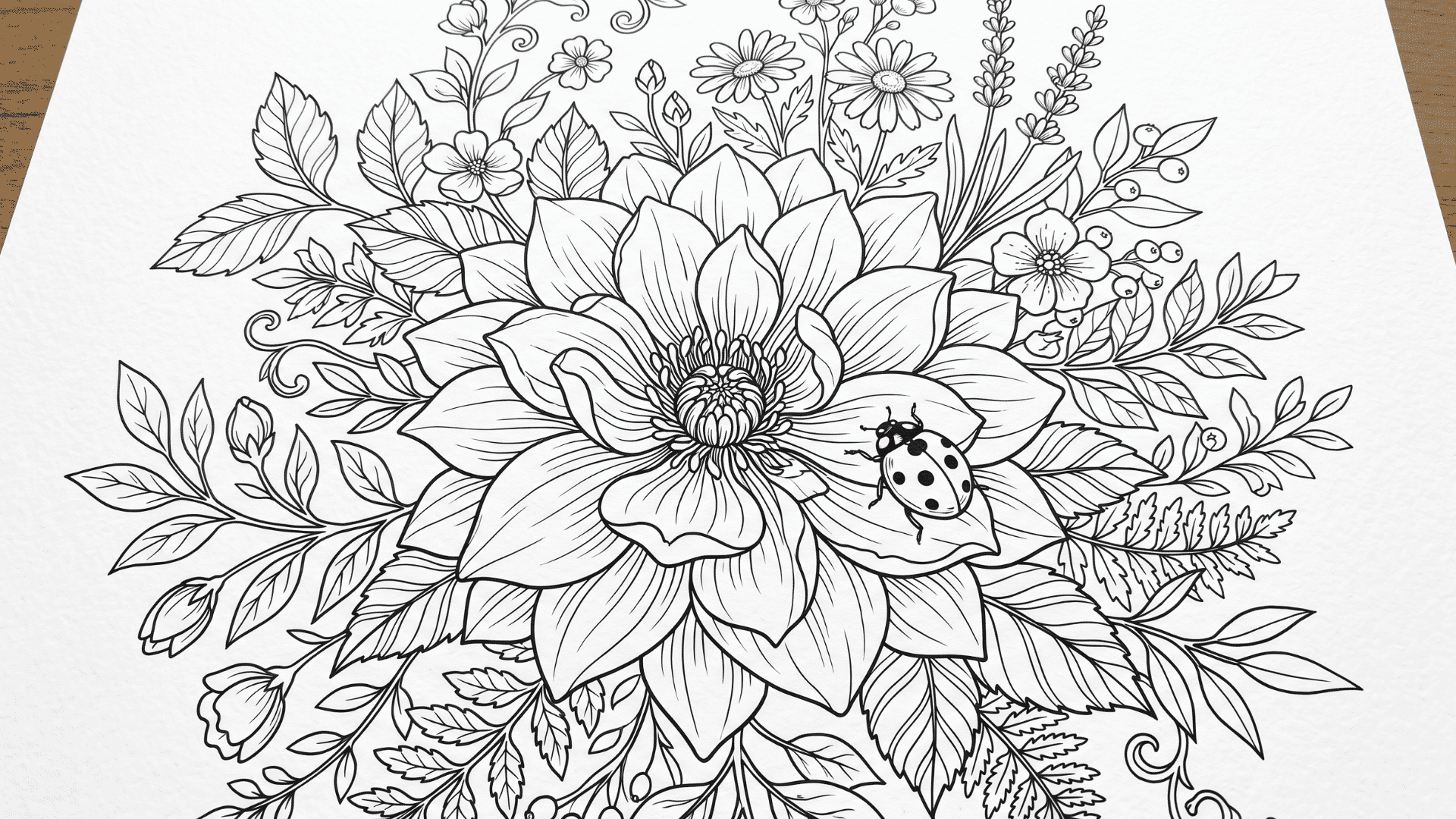 Floral line drawing with leaves, flowers, and a ladybug.