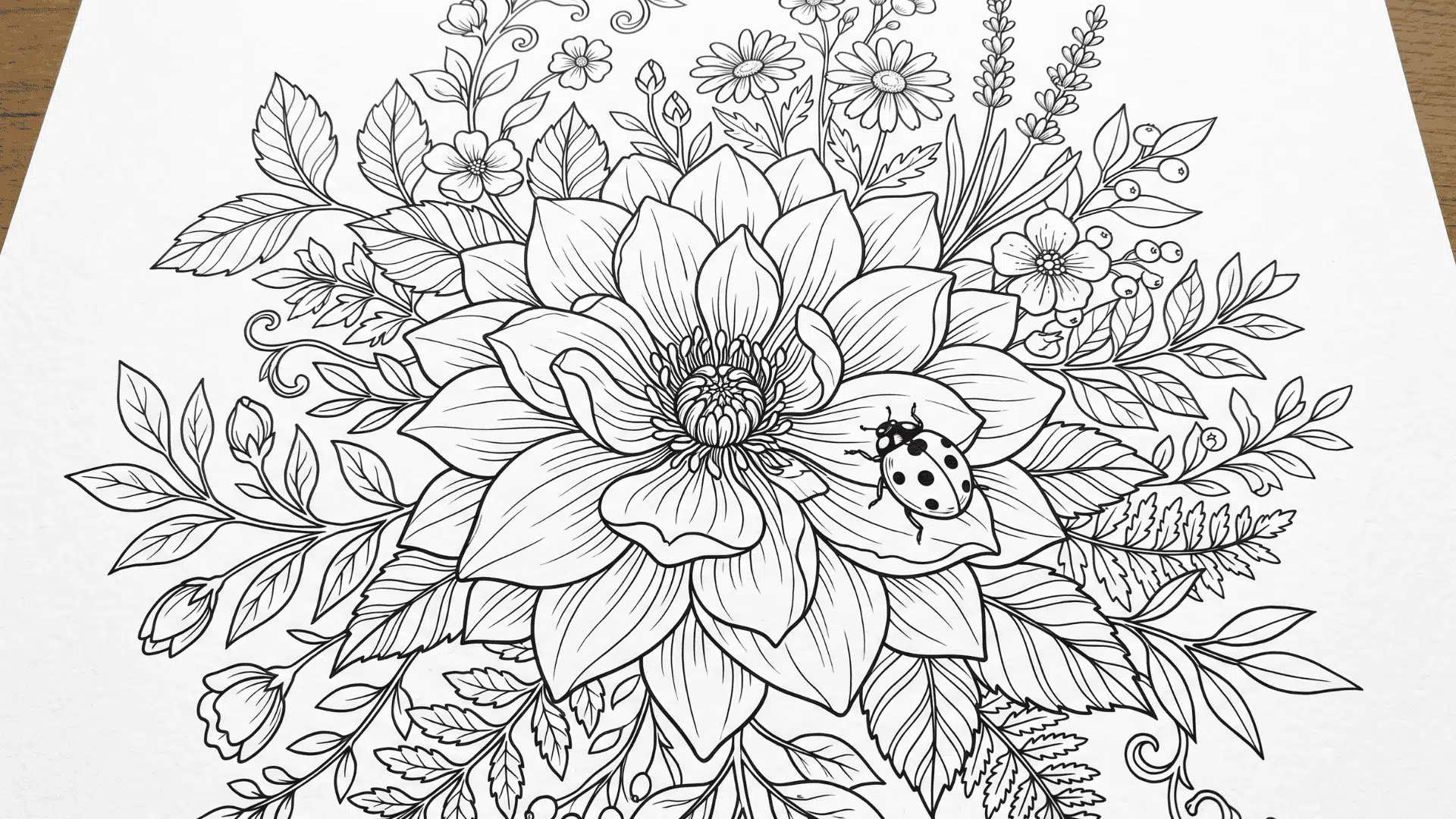 Floral line drawing with leaves, flowers, and a ladybug.