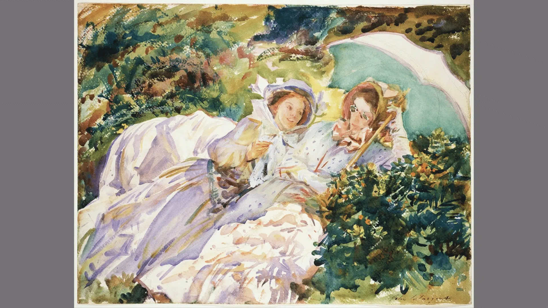 john singer sargent’s simplon pass: The tease watercolor showing two women resting outdoors under a parasol.