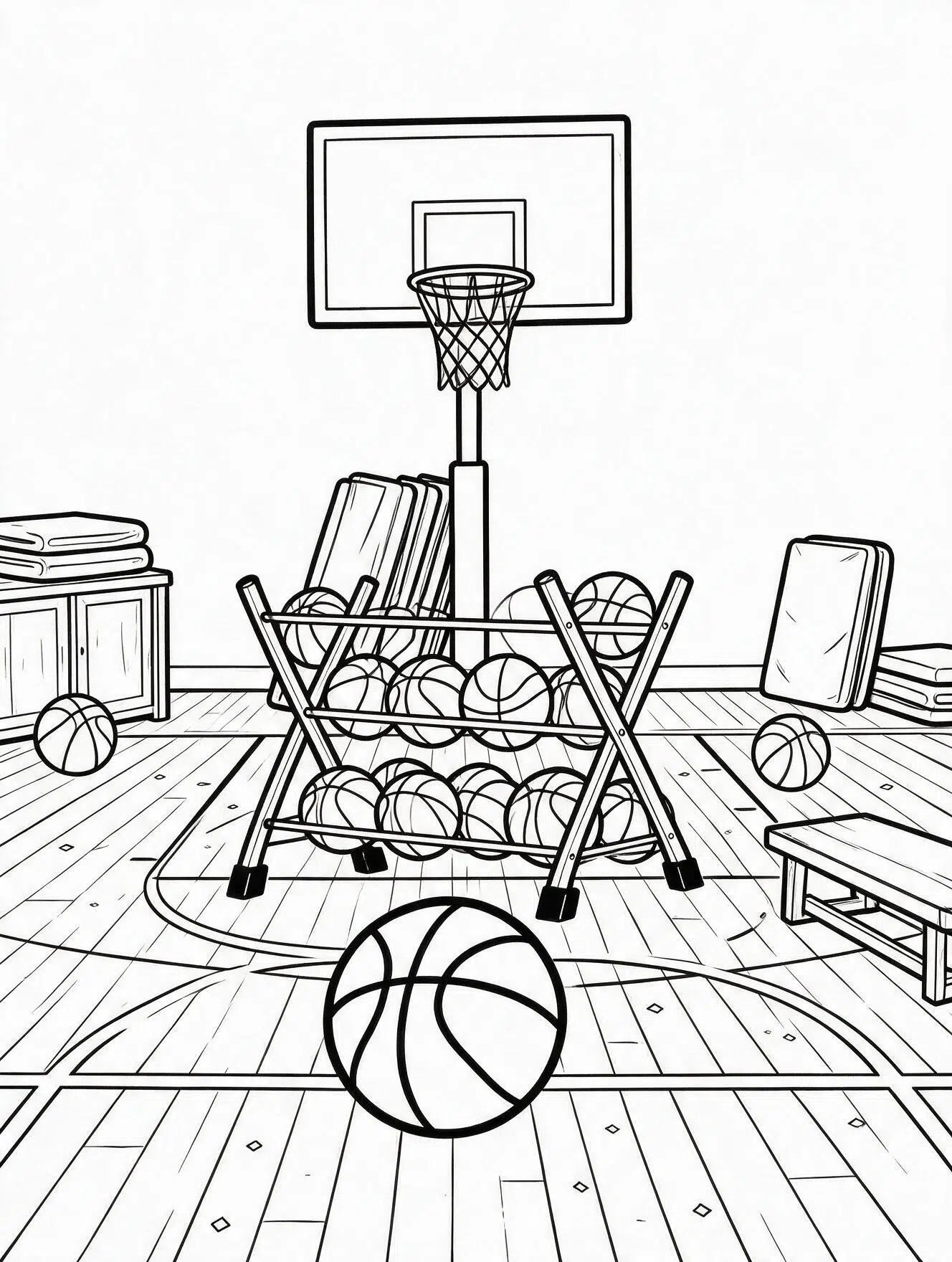 Simple <echighlighted>basketball coloring page</echighlighted> with five seam lines and thick outlines for toddlers